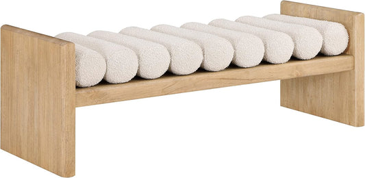 179Cream Waverly Collection Modern | Contemporary Bench with Solid Wood Rich Natural Finish, Luxurious Cream Boucle Fabric, 52" W X 19" D X 18" H, Cream