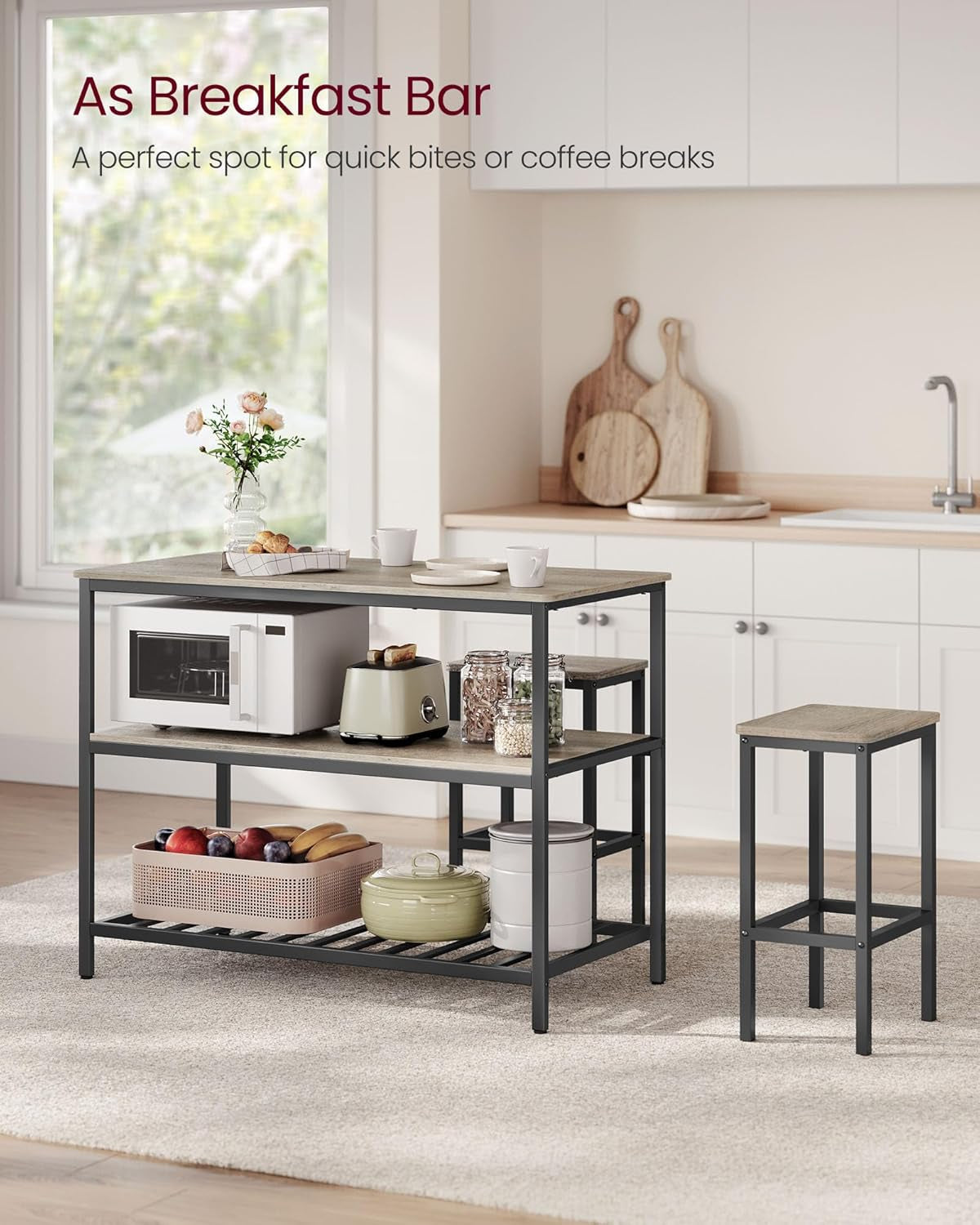 Kitchen Island with 3 Shelves, 39.4 Inches Width Kitchen Shelf with Large Worktop, Stable Steel Structure, Industrial, Easy to Assemble, Greige and Black UKKI005B02