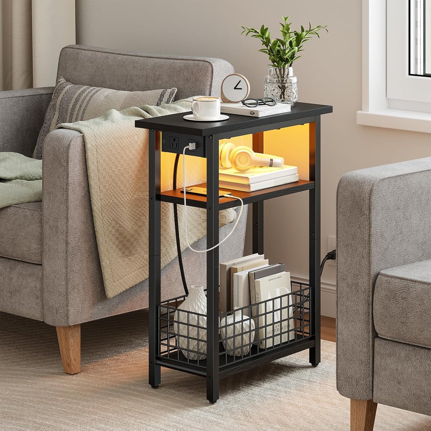 Narrow Side Table with Charging Station and LED Light, Small End Table with Storage, Skinny Nightstand with USB Port, Slim Bedside Table for Small Spaces, Living Room, Black BB242UDBZ01