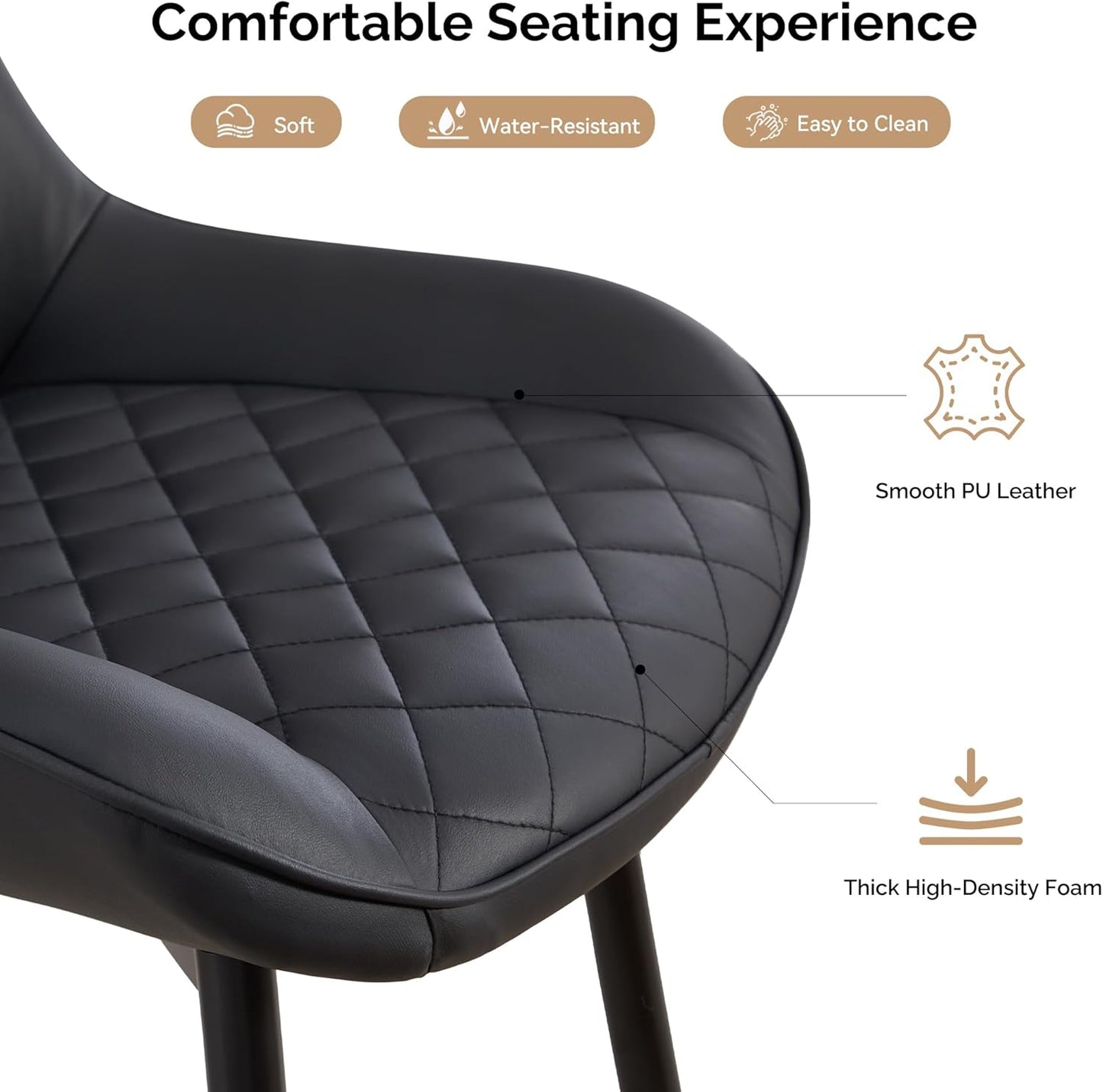 Dining Chair Set of 4, Modern Dining Chairs with Thick Cushions, Faux Leather Upholstered Kitchen Dining Room Chairs with Metal Adjustable Legs for Dining Living Room, Black