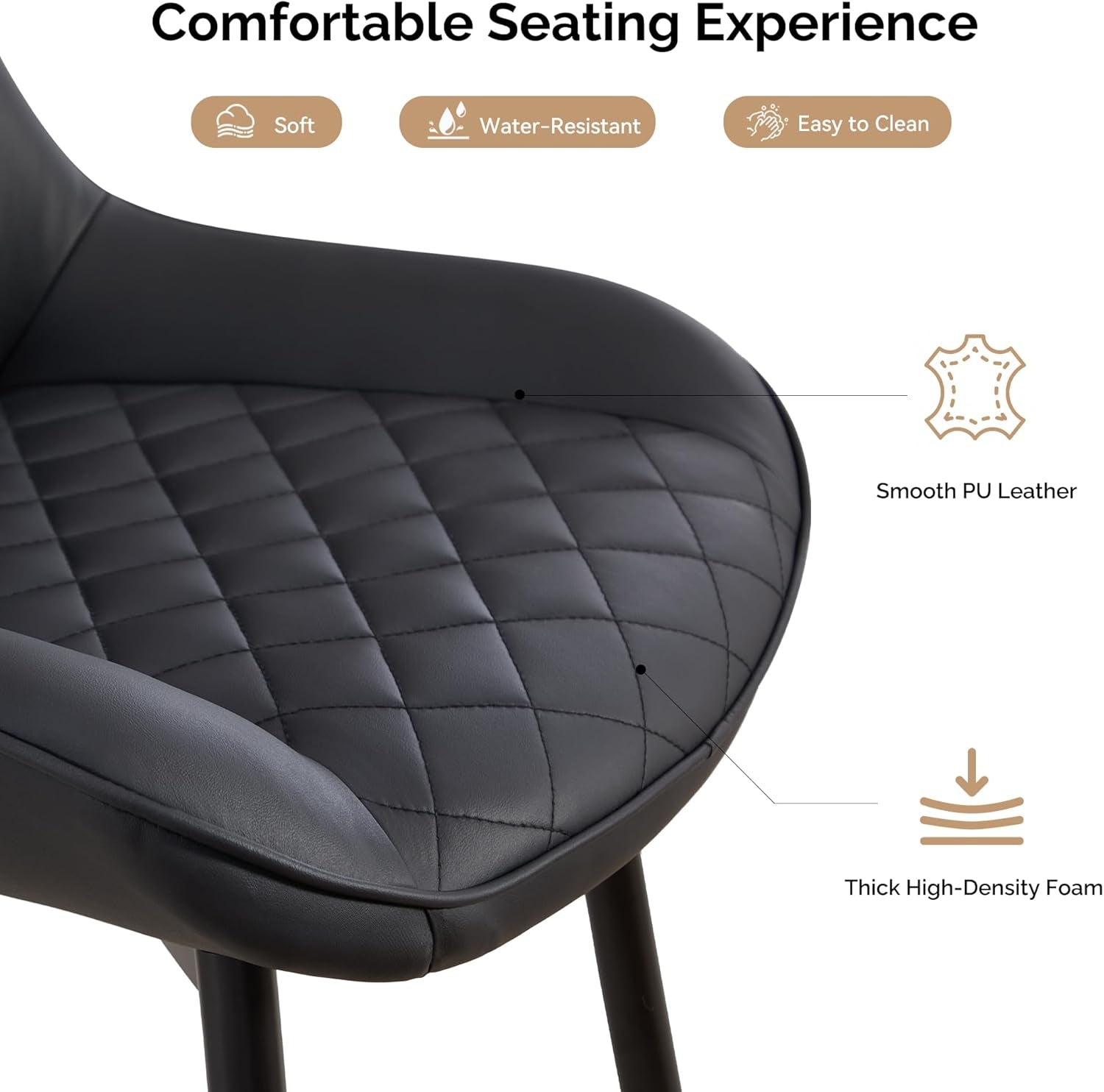 Dining Chair Set of 4, Modern Dining Chairs with Thick Cushions, Faux Leather Upholstered Kitchen Dining Room Chairs with Metal Adjustable Legs for Dining Living Room, Black