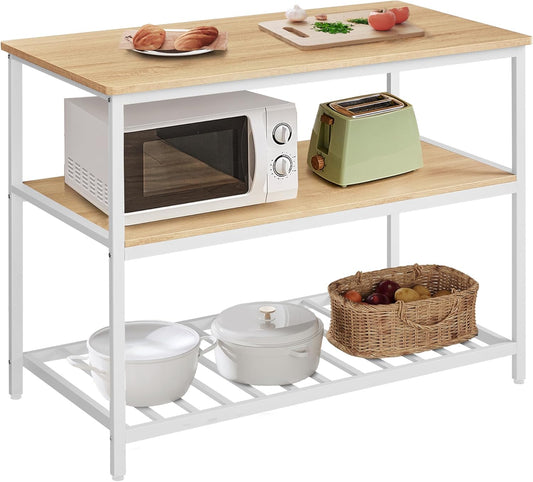 Kitchen Island with 3 Shelves, 47.2 Inches Width Kitchen Shelf with Large Worktop, Stable Steel Structure, Industrial, Easy to Assemble, Oak Color and White UKKI001W09