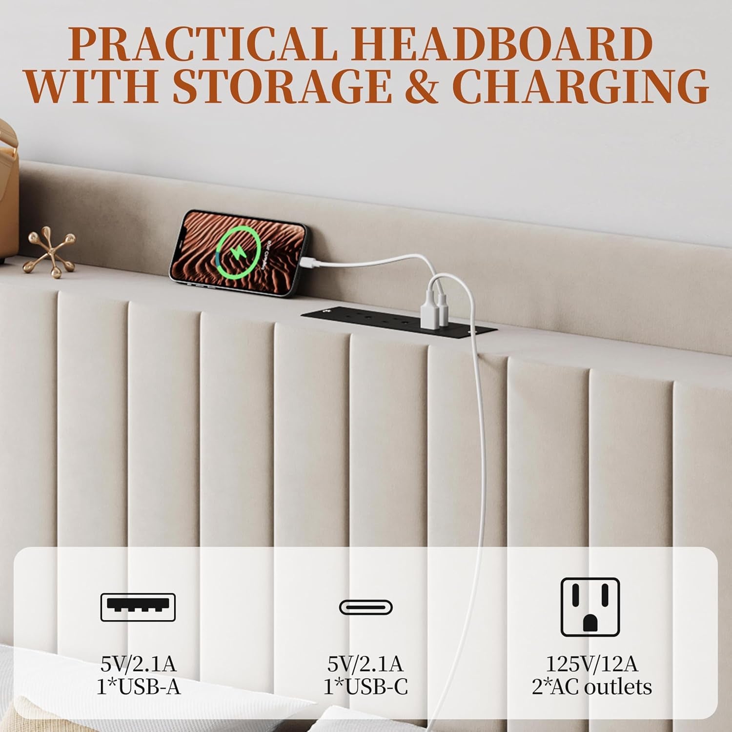 Queen Bed Frame with USB Charging Station and Storage Shelf/Upholstered Headboard Platform Bed with Wing Side/Wooden Slats Support/Noise Free/No Box Spring Needed/Easy Assembly, Beige