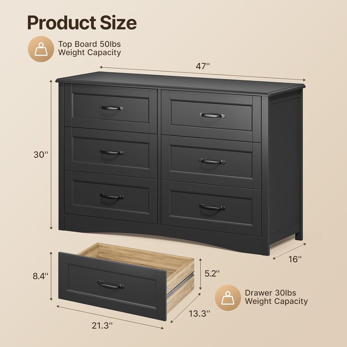 6 Drawer Dresser for Bedroom，47'' Larger Chest of Drawers with Mental Handle for Kids Room, Black Dresser with 6 Storage Drawers for Living Room, Entryway and Hallway, Black