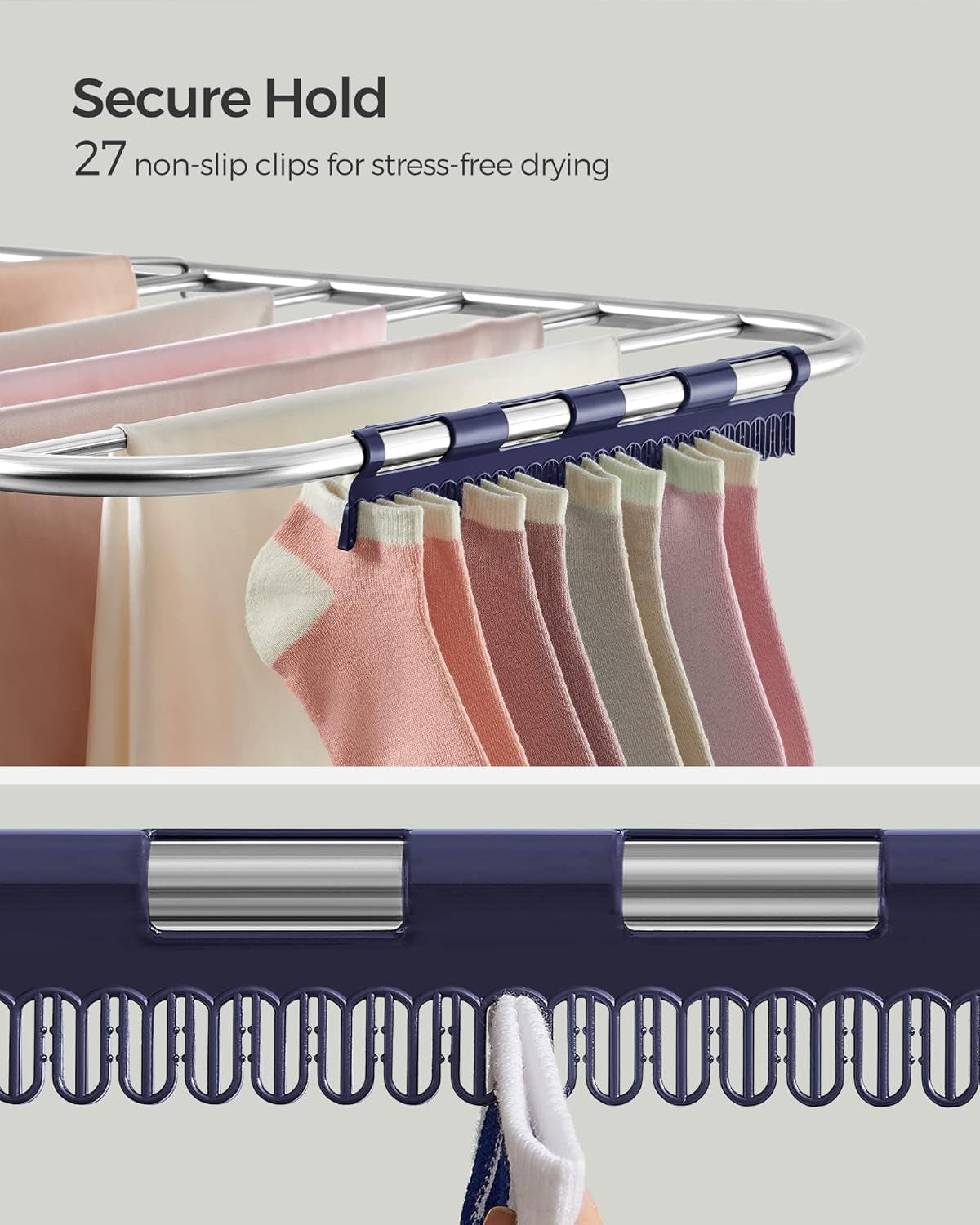 Clothes Drying Rack, with Sock Clips, Metal Laundry Rack, Foldable, Space-Saving, Free-Standing Airer, with 2 Height-Adjustable Gullwings, Indoor Outdoor Use, Silver and Blue ULLR52BU