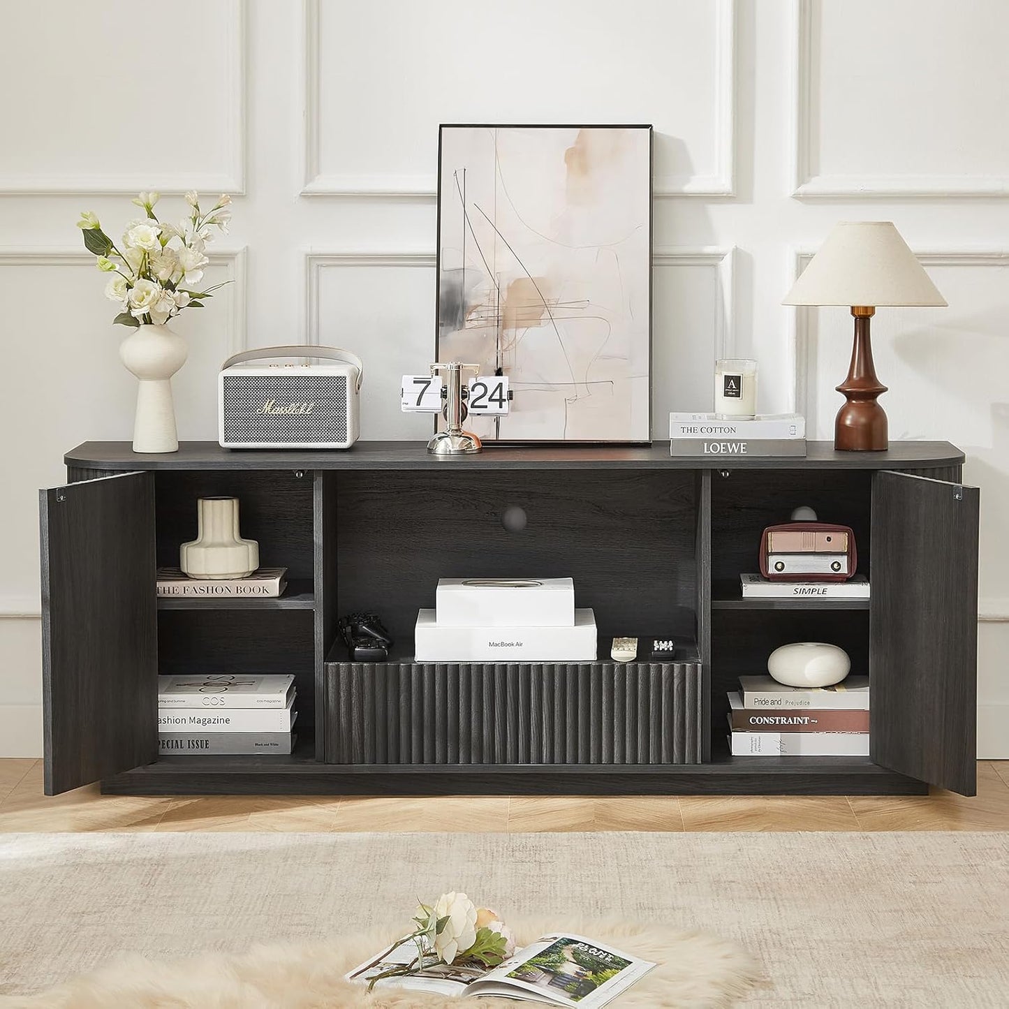 64" Fluted TV Stand for Tvs up to 75 Inch, Entertainment Center with Storage Cabinet and Drawer, Wood TV Console Television Furniture with Adjustable Shelf, Media Console for Living Room, Bedroom