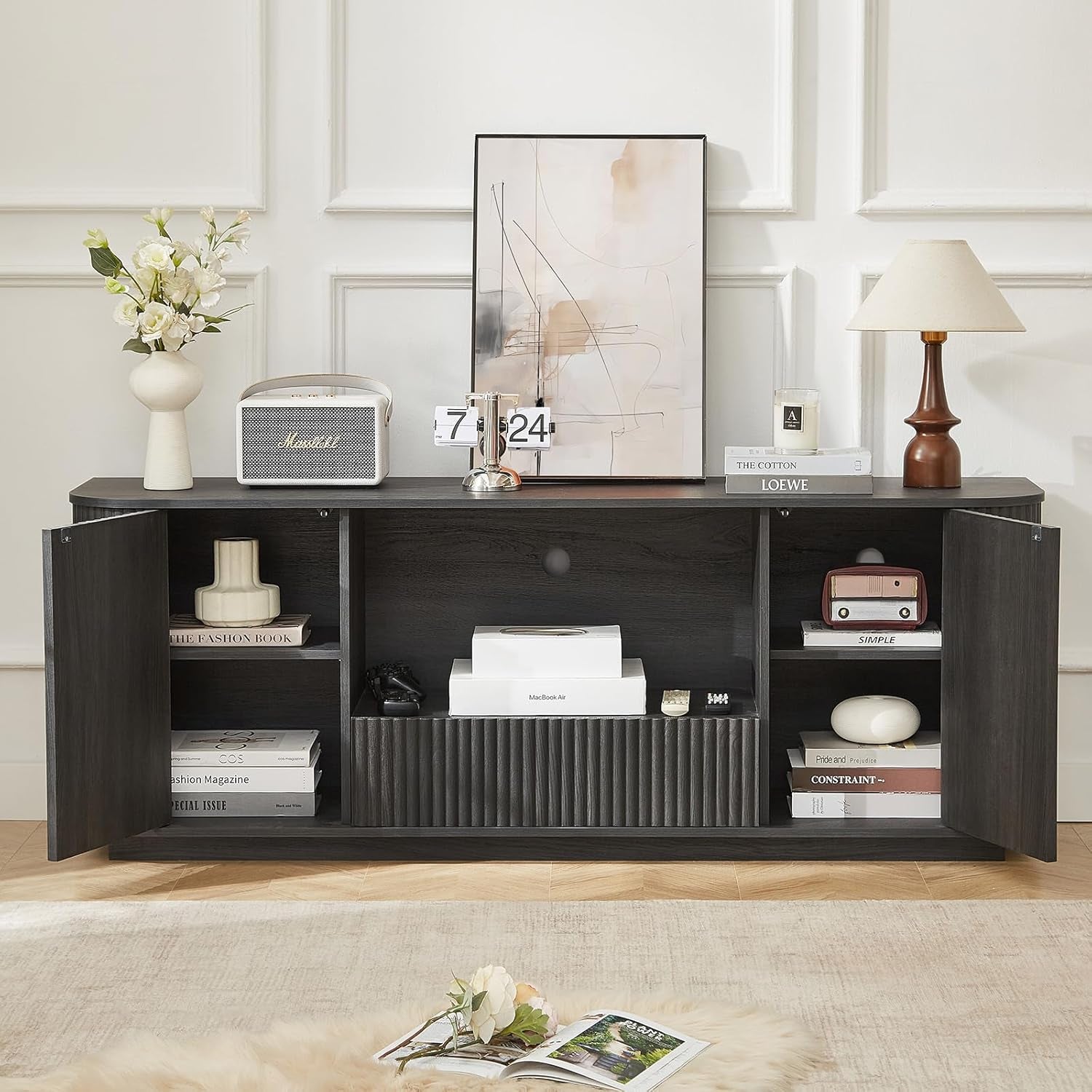 64" Fluted TV Stand for Tvs up to 75 Inch, Entertainment Center with Storage Cabinet and Drawer, Wood TV Console Television Furniture with Adjustable Shelf, Media Console for Living Room, Bedroom