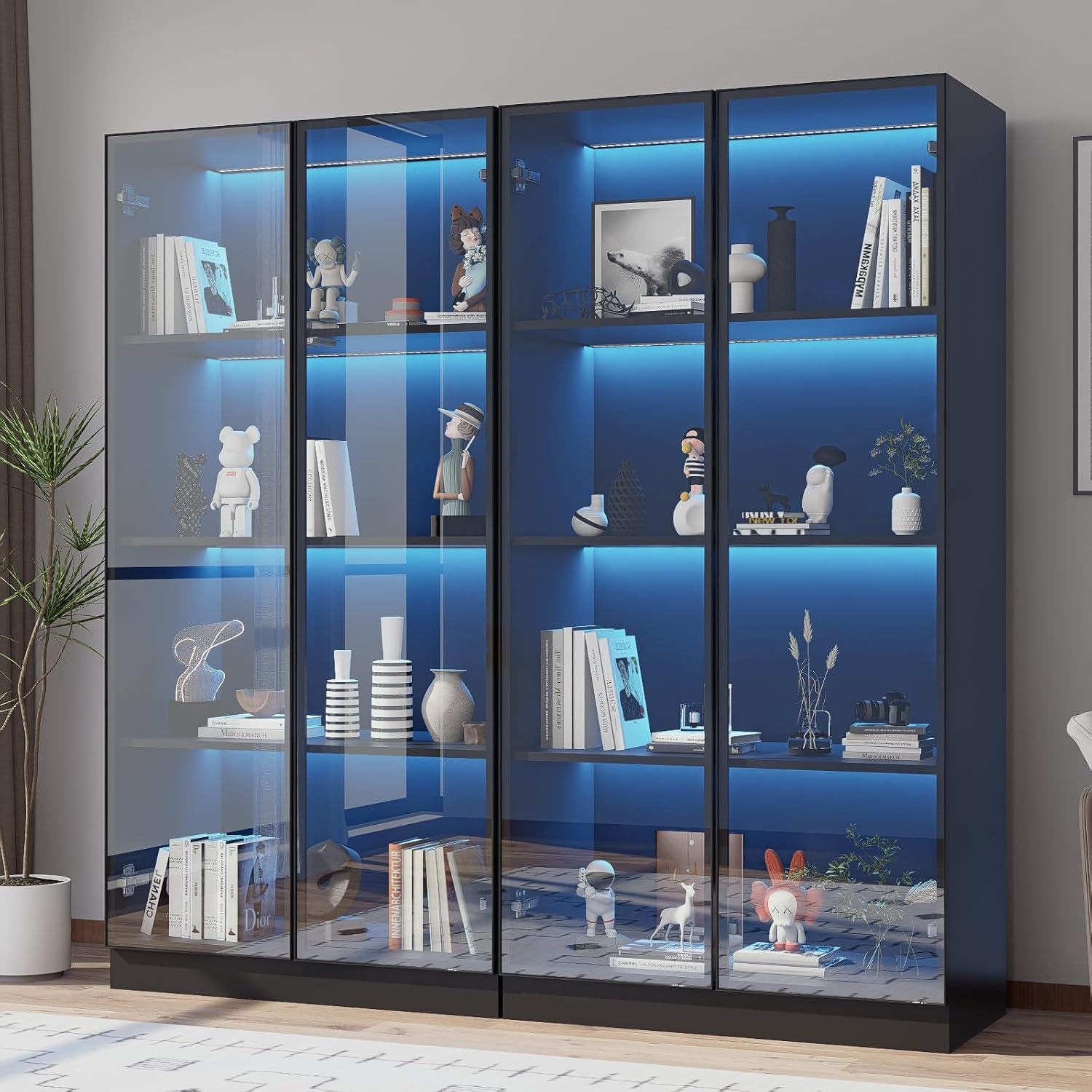 Glass Display Cabinet with LED Lights Set of 2, Display Case Bookcase with 4-Tier Shelves, Curio Cabinet with 2 Glass Doors, Storage Cabinet for Collectibles, Living Room