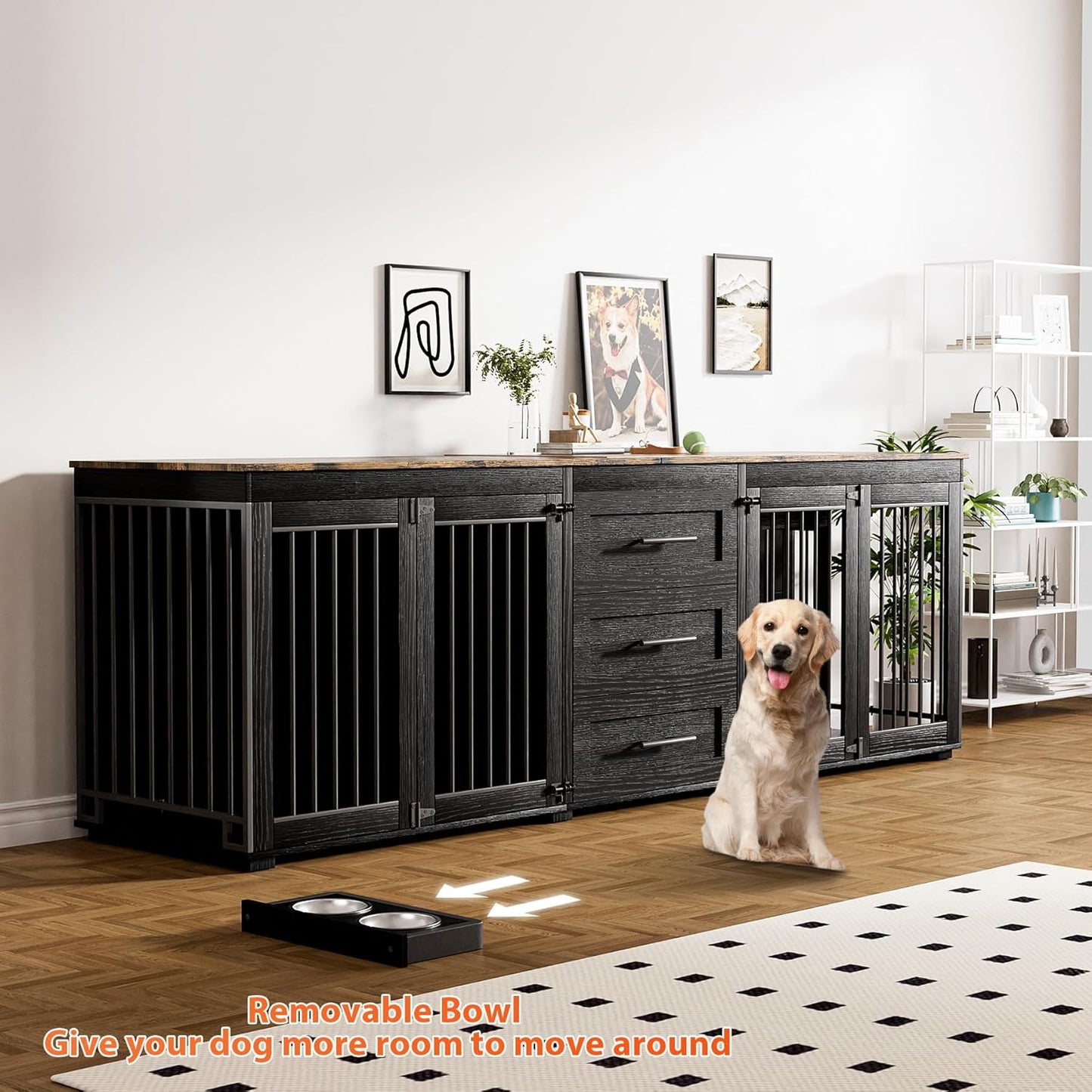 94.5" Dog Crate Furniture for 2 Dogs, Large Dog Kennel Furniture with 3 Storage Drawer, Wooden Dog Cage with 4 Bowls, Indoor Dog House TV Stand with Locks for Large Medium Dog, Grey