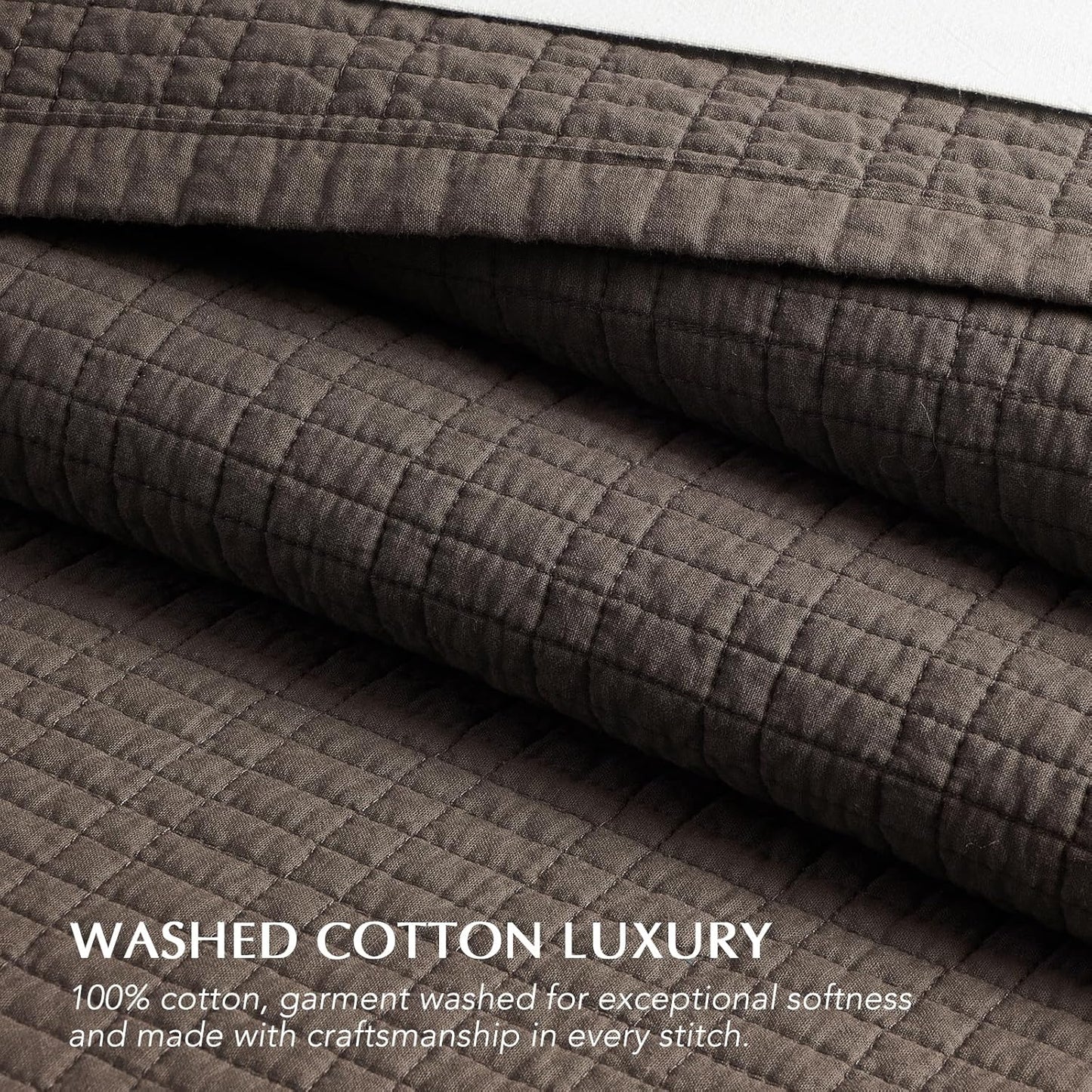 100% Cotton Quilt King Size, Pre-Washed Modern Grid Stitch Lightweight Bedspread Coverlet for All Season, Oversized 3-Piece Bedding Set with 2 Pillow Shams, Dark Brown