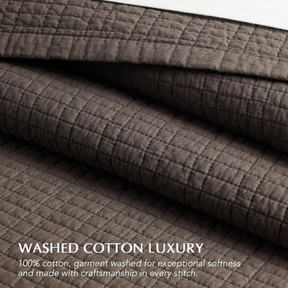100% Cotton Quilt King Size, Pre-Washed Modern Grid Stitch Lightweight Bedspread Coverlet for All Season, Oversized 3-Piece Bedding Set with 2 Pillow Shams, Dark Brown