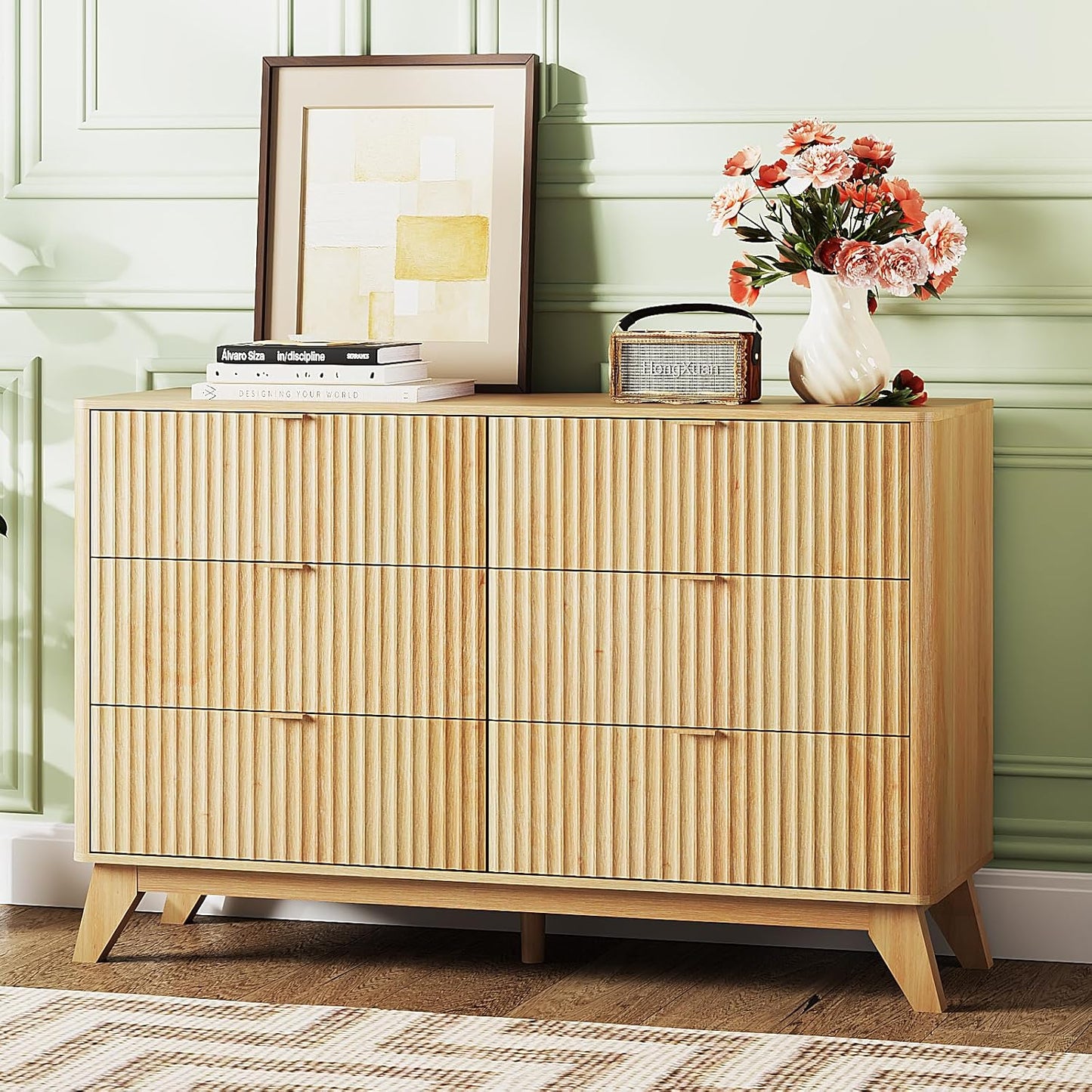 Fluted Dresser for Bedroom, 6 Drawer Dresser with Rounded Edges, Mid C