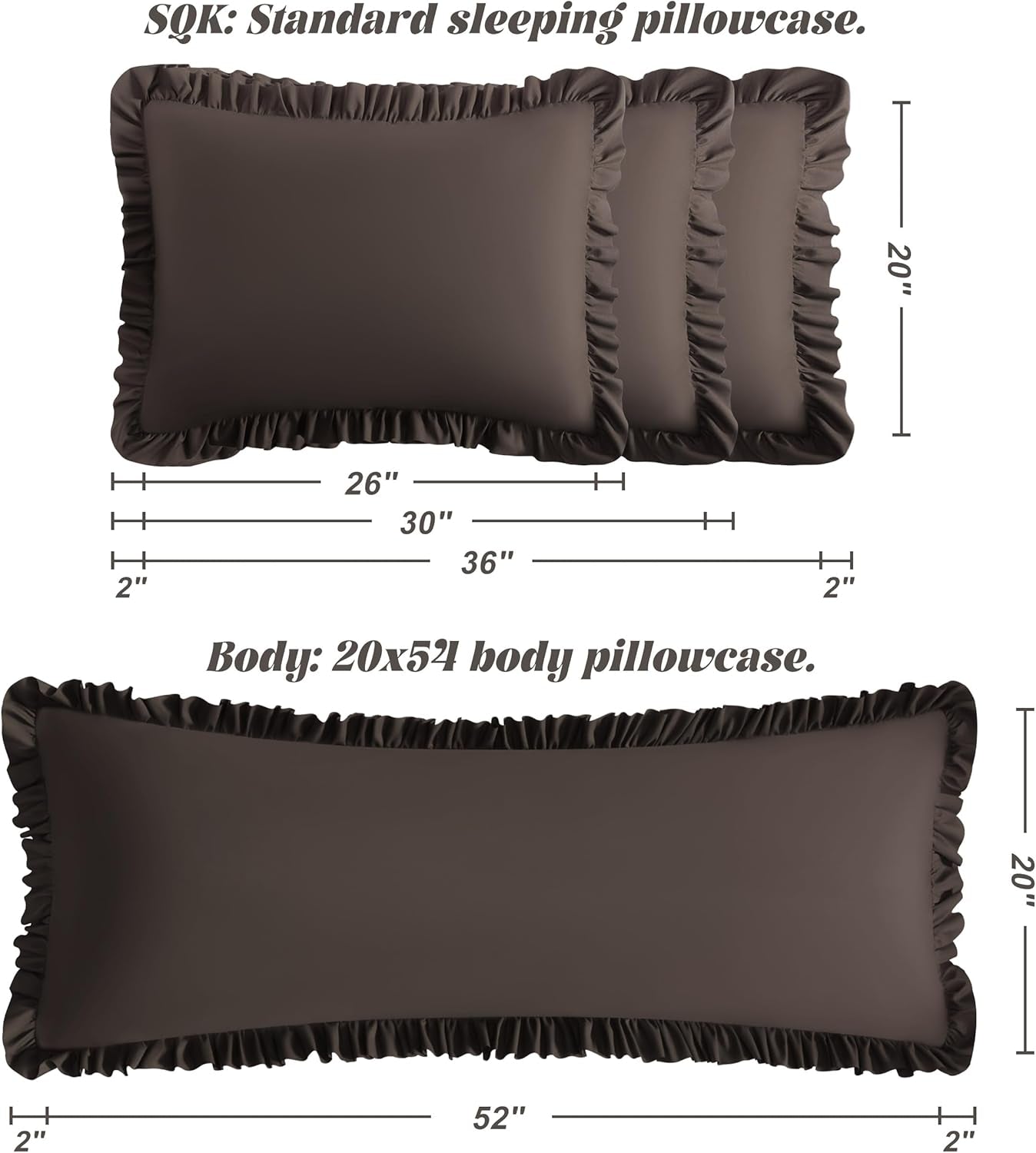 Ruffled Pillow Shams King 20X36 Set of 2, Brushed Microfiber Pillowcases with Envelope Closure, Soft Wrinkle-Resistant, Dark Brown