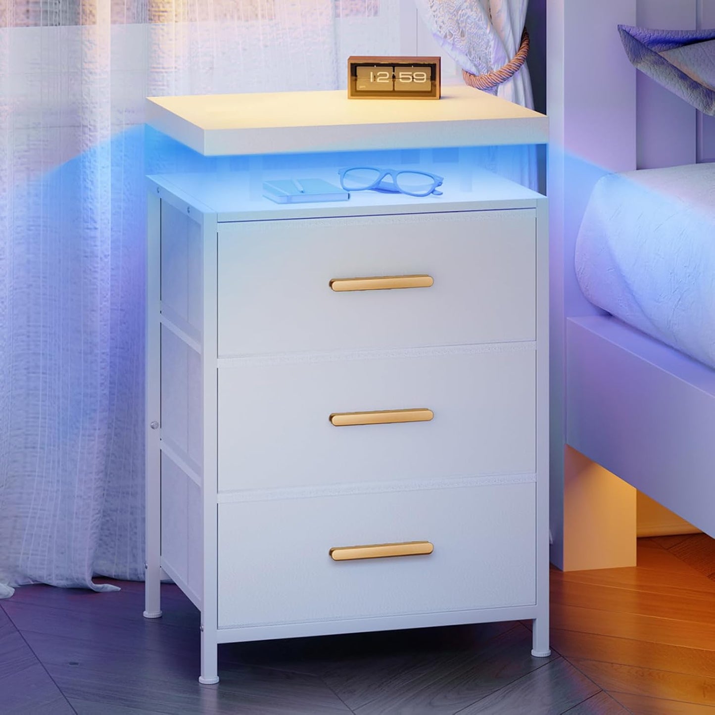 White Night Stand with Drawers, LED Bedside Table with Open Shelf, Nightstand with PU Leather Finish Drawers, Small End Table for Bedroom, Living Room, 23.8''H