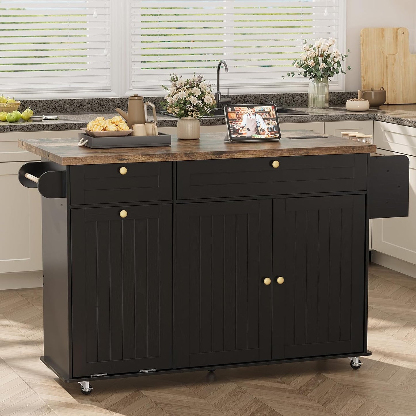 60" Rolling Large Kitchen Island on Wheels with Extendable Table, Drop Leaf & Power Outlet, Mobile Kitchen Cart with Storage Cabinet, 2 Drawers, Spice Rack, Towel & Knife Holder, Black