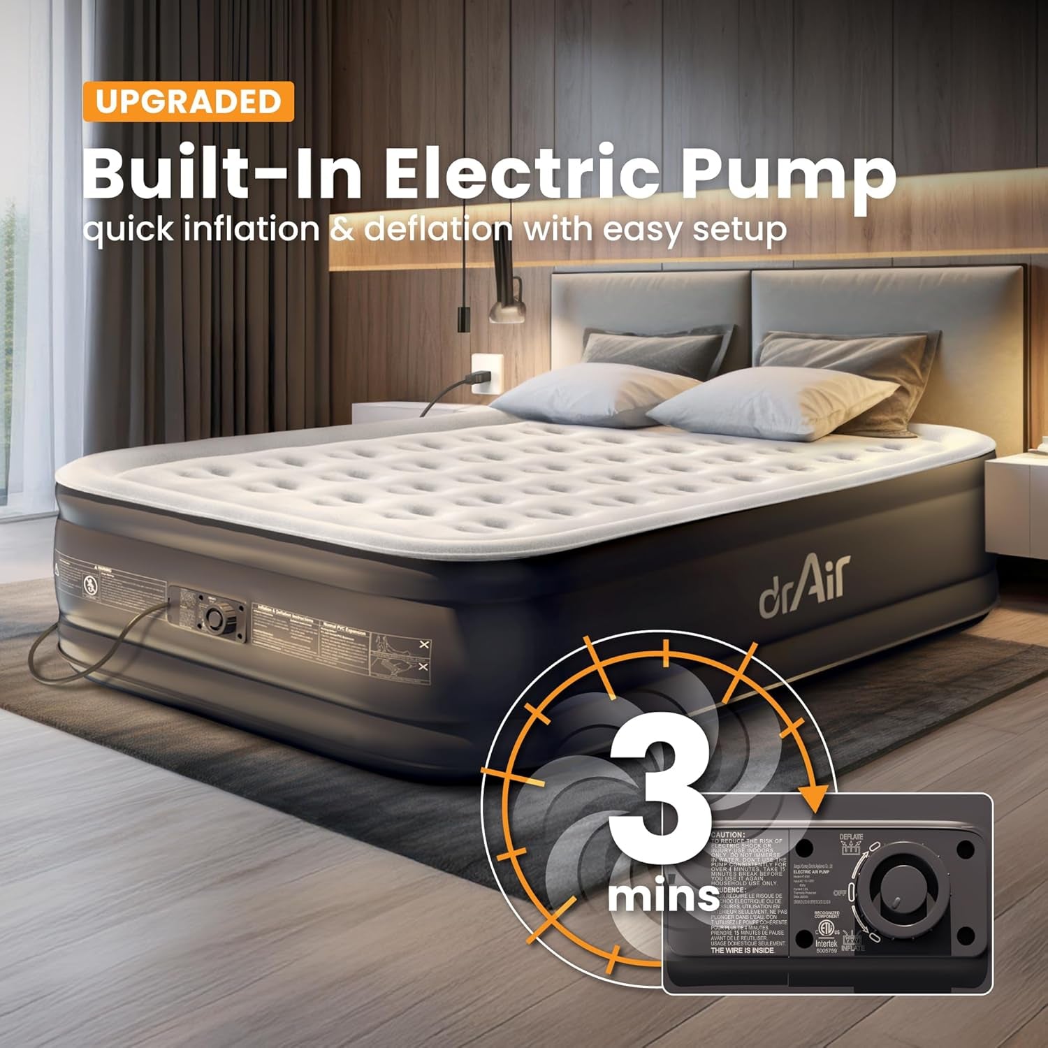 Queen Air Mattress with Built-In Pump, 18" Raised Blow up Mattress, 800 Lbs Max Honeycomb Air Bed, 48Hr Leak-Proof Test, 3Min Inflatable Mattress for Home, Guests, Camping, Colchones Inflables
