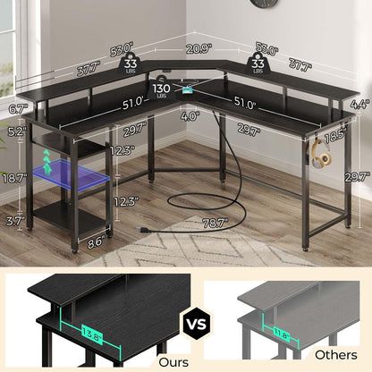 L Shaped Gaming Desk with LED Lights & Power Outlets, 53" Computer Desk with Full Monitor Stand & Storage Shelf, Corner Desk with Hooks, Black Desk Reversible