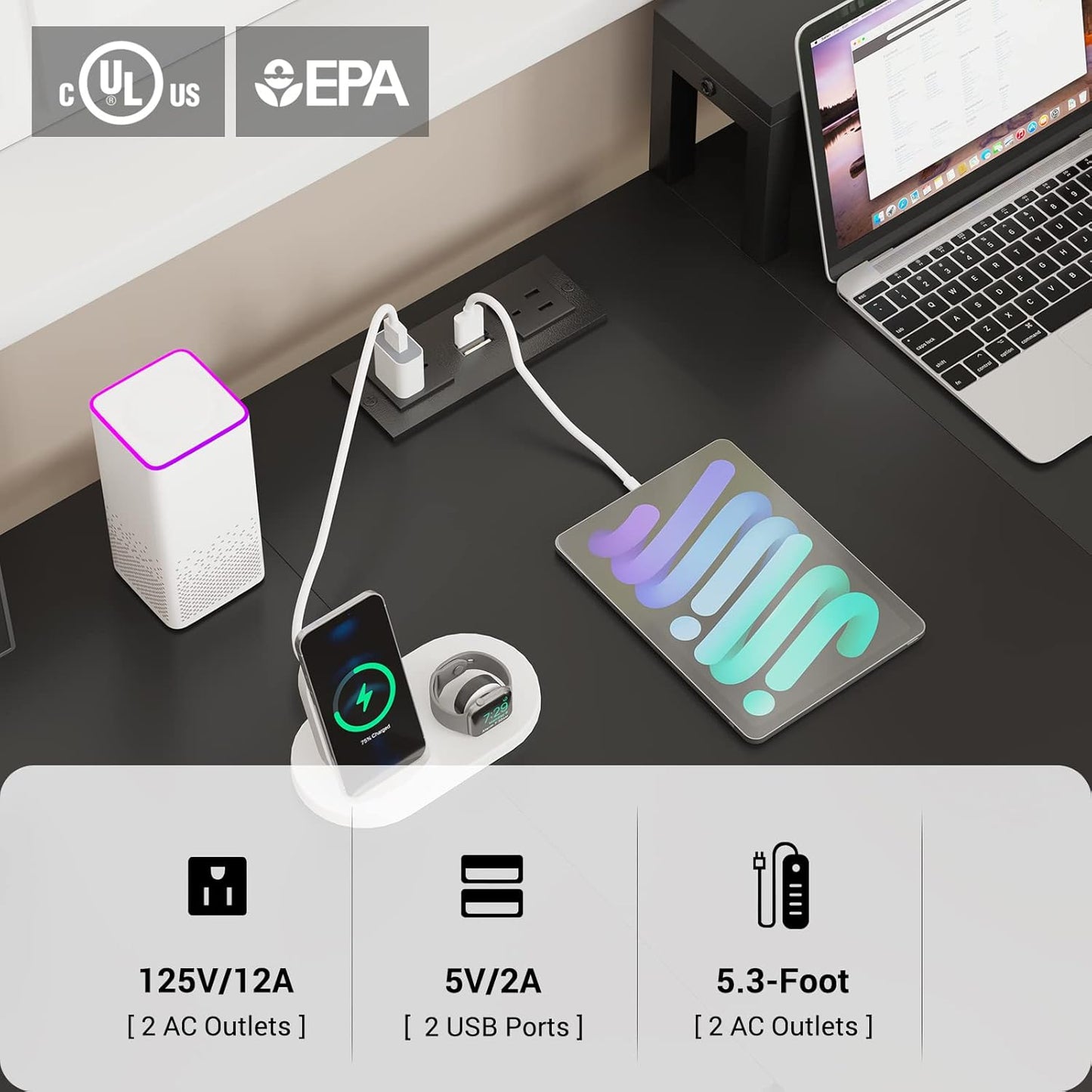 94.5" White Computer Desk, Two Person Gaming Desk with LED Light, Keyboard Tray, Power Strip with USB, Monitor Shelf & Storage, Extra Long Double Desk for Home Office, White.