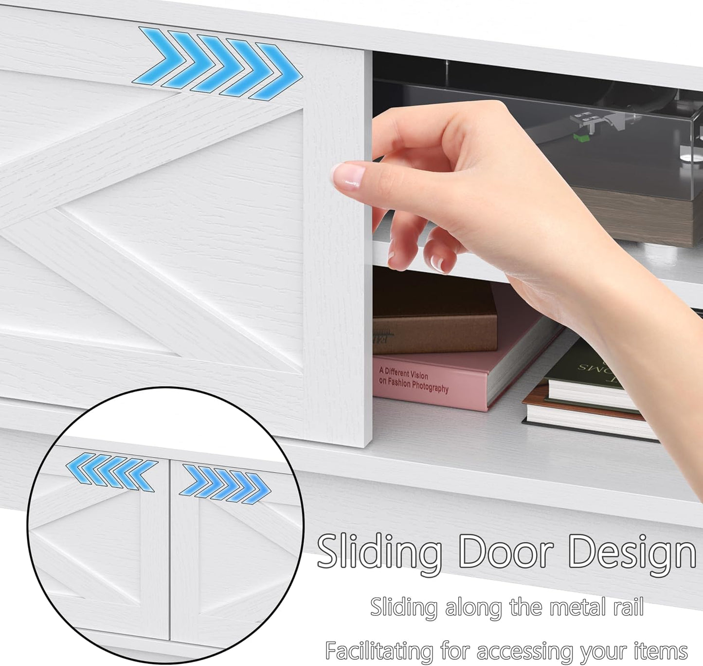 TV Stand for 55/60/65 Inch TV, Farmhouse Entertainment Center with Shelves, Cabinets and Sliding Doors, Rustic TV Media Console Table with Solid Wood Feet & Cord Holes for Living Room, Bedroom, White