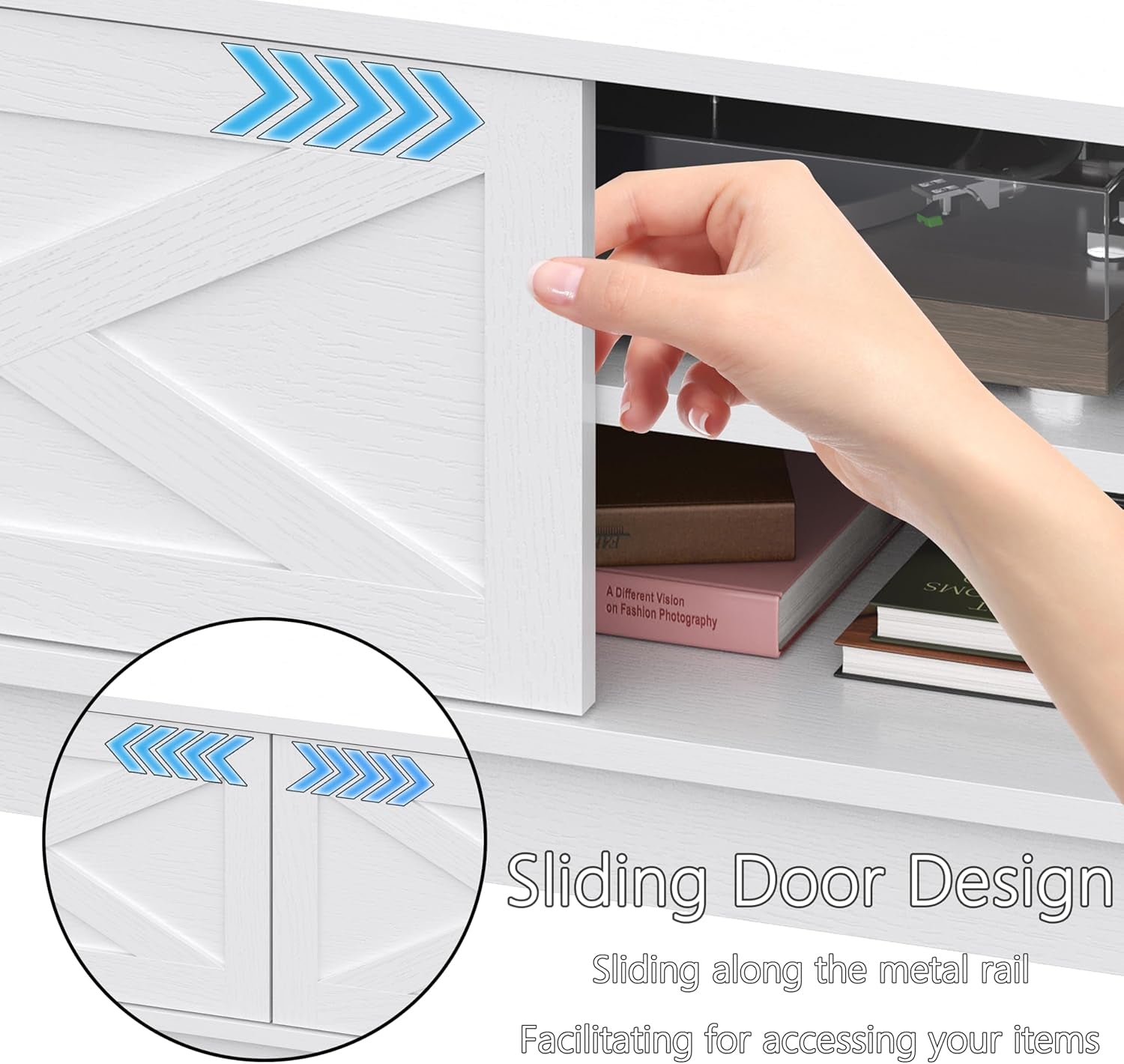 TV Stand for 55/60/65 Inch TV, Farmhouse Entertainment Center with Shelves, Cabinets and Sliding Doors, Rustic TV Media Console Table with Solid Wood Feet & Cord Holes for Living Room, Bedroom, White