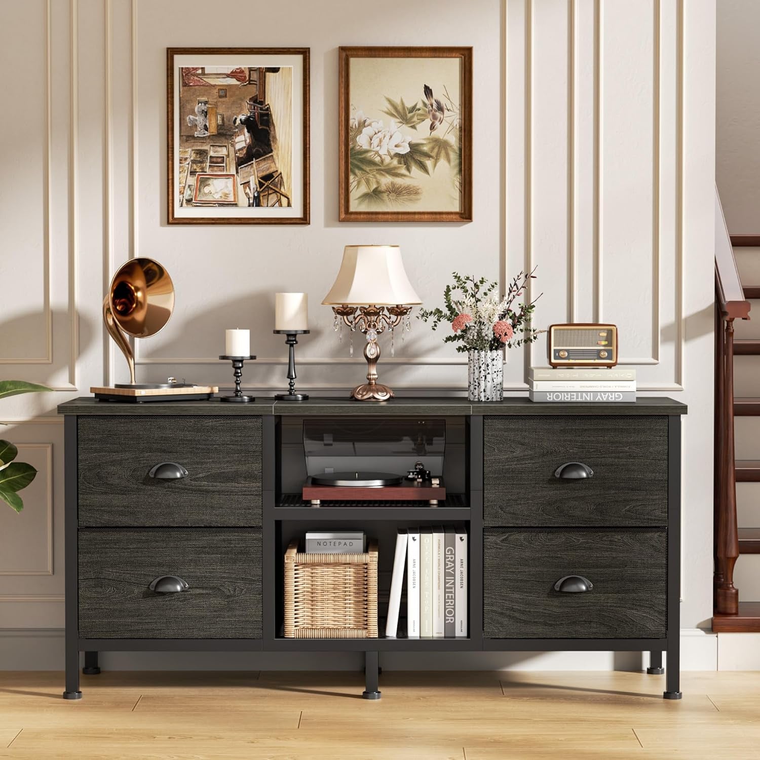 TV Stand with 4 Drawers, 43 Inch Entertainment Center with Open Shelves, Media Center for 50" TV, Television Stand for Bedroom, Living Room/Light Black Oak