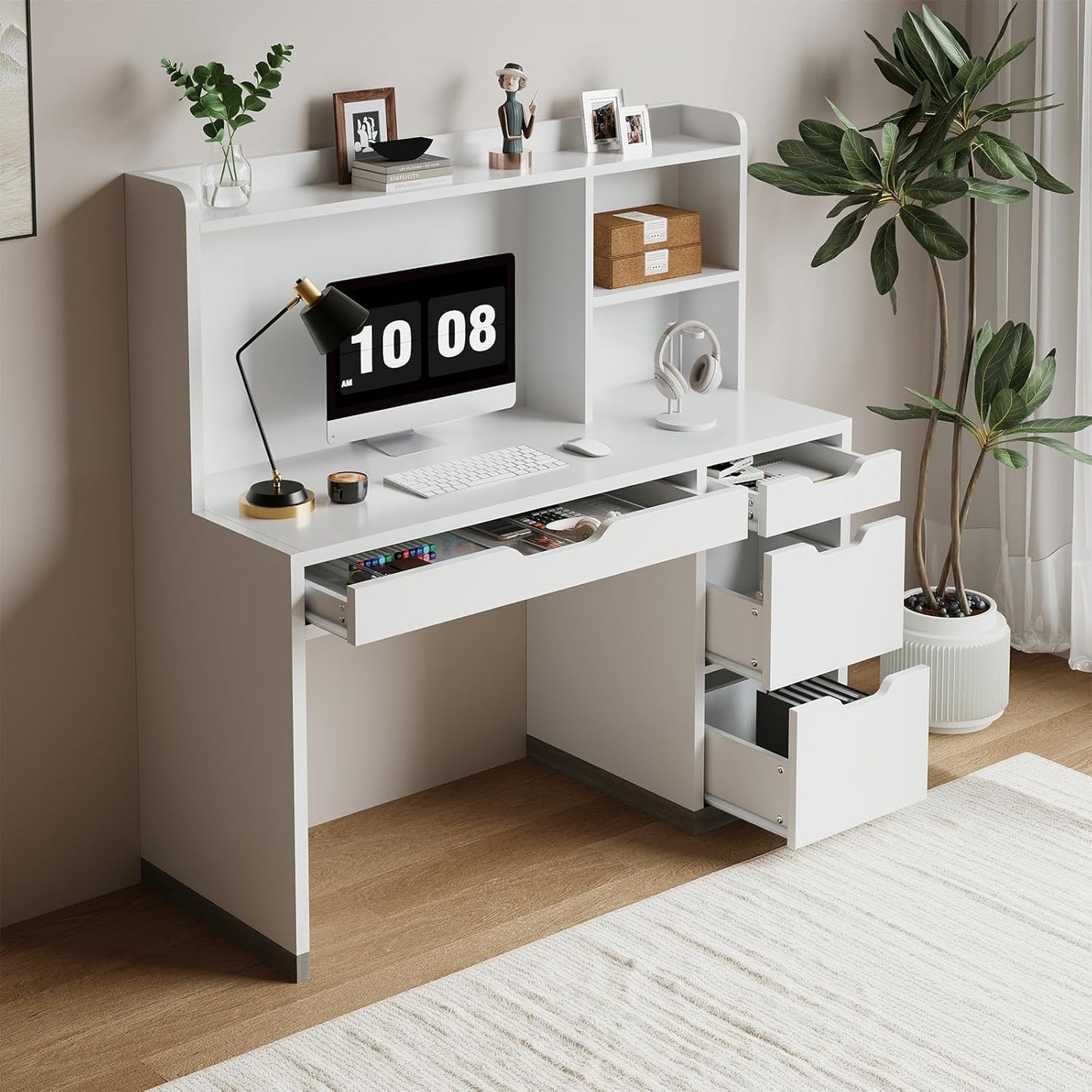 White Desk with Hutch and Drawers, 53 Inch Computer Desk with Storage File Drawer, White Study Desk with 4 Drawers for Bedroom, Small Space