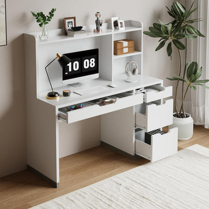 White Desk with Hutch and Drawers, 53 Inch Computer Desk with Storage File Drawer, White Study Desk with 4 Drawers for Bedroom, Small Space