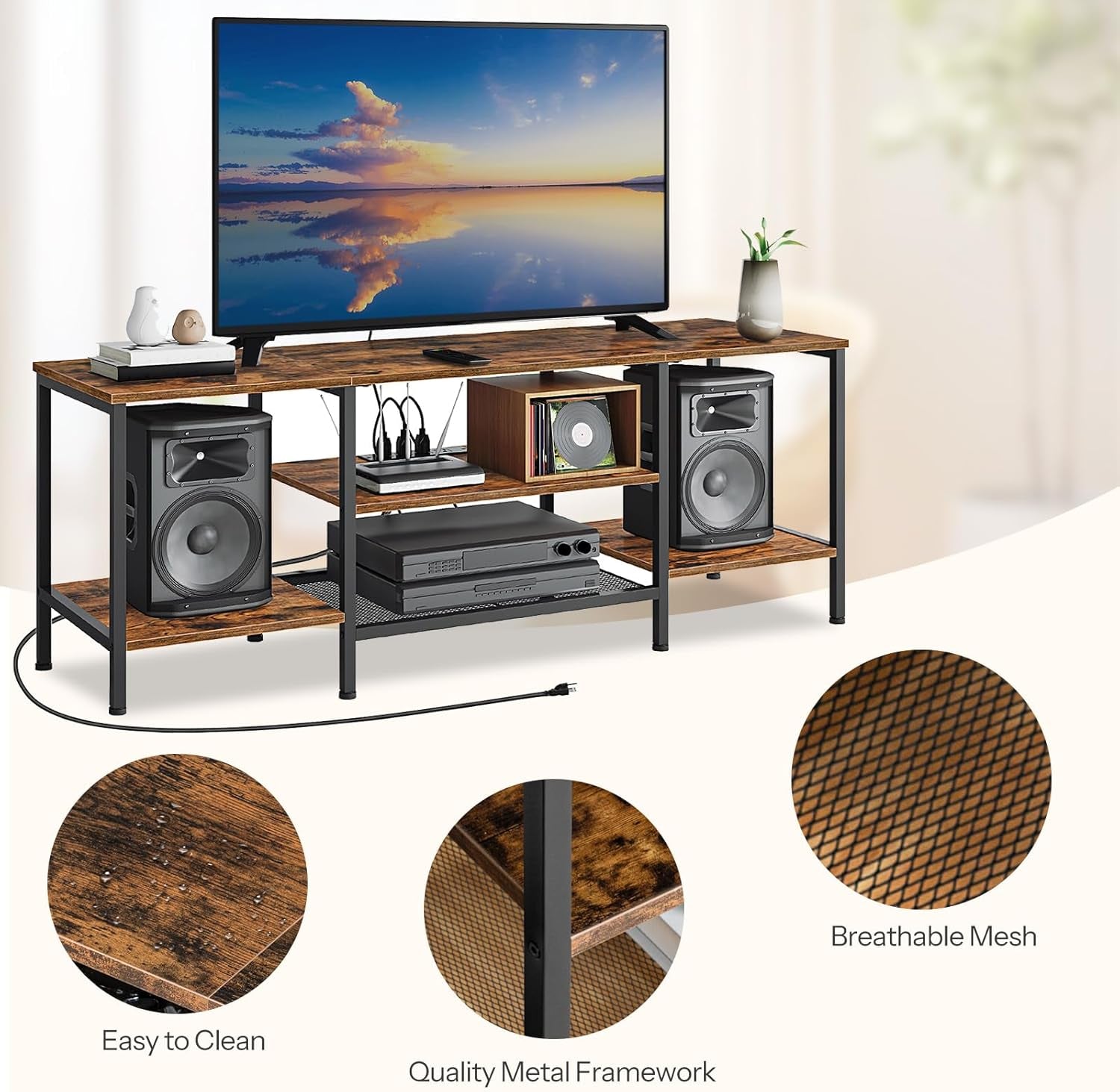 TV Stand with Power Outlets to 65 Inches, TV Console Table with Open Storage Shelves, Industrial Media Entertainment Center for Living Room Bedroom, Rustic Brown and Black BF40DS01