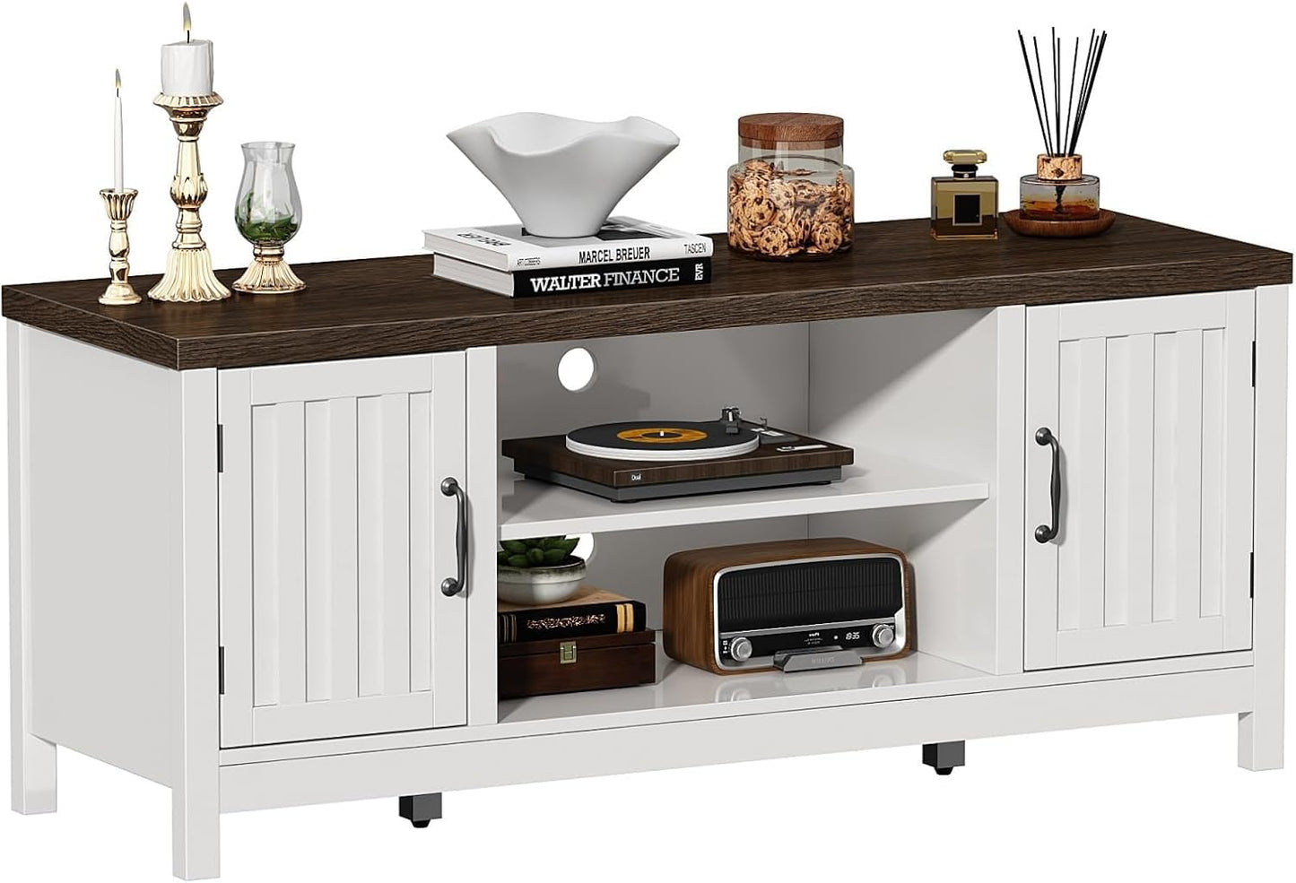 Farmhouse TV Stand, Wood Fluted Door Entertainment Center with Storage Cabinets and Open Shelves, Rustic Media Console up to 55 Inches for Living Room, Bedroom, White