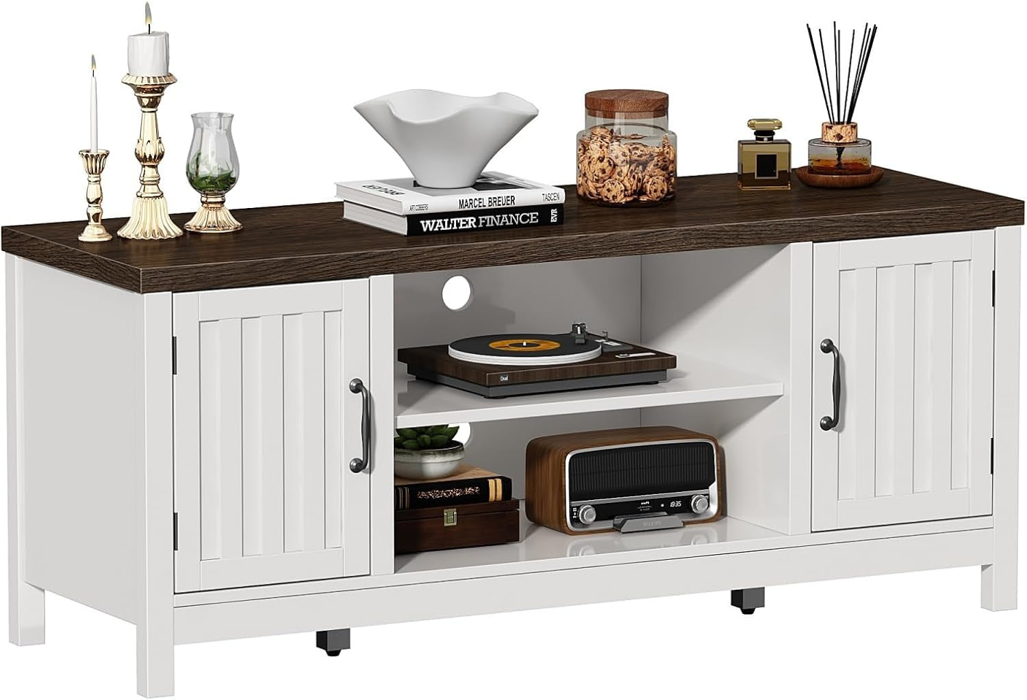 Farmhouse TV Stand, Wood Fluted Door Entertainment Center with Storage Cabinets and Open Shelves, Rustic Media Console up to 55 Inches for Living Room, Bedroom, White