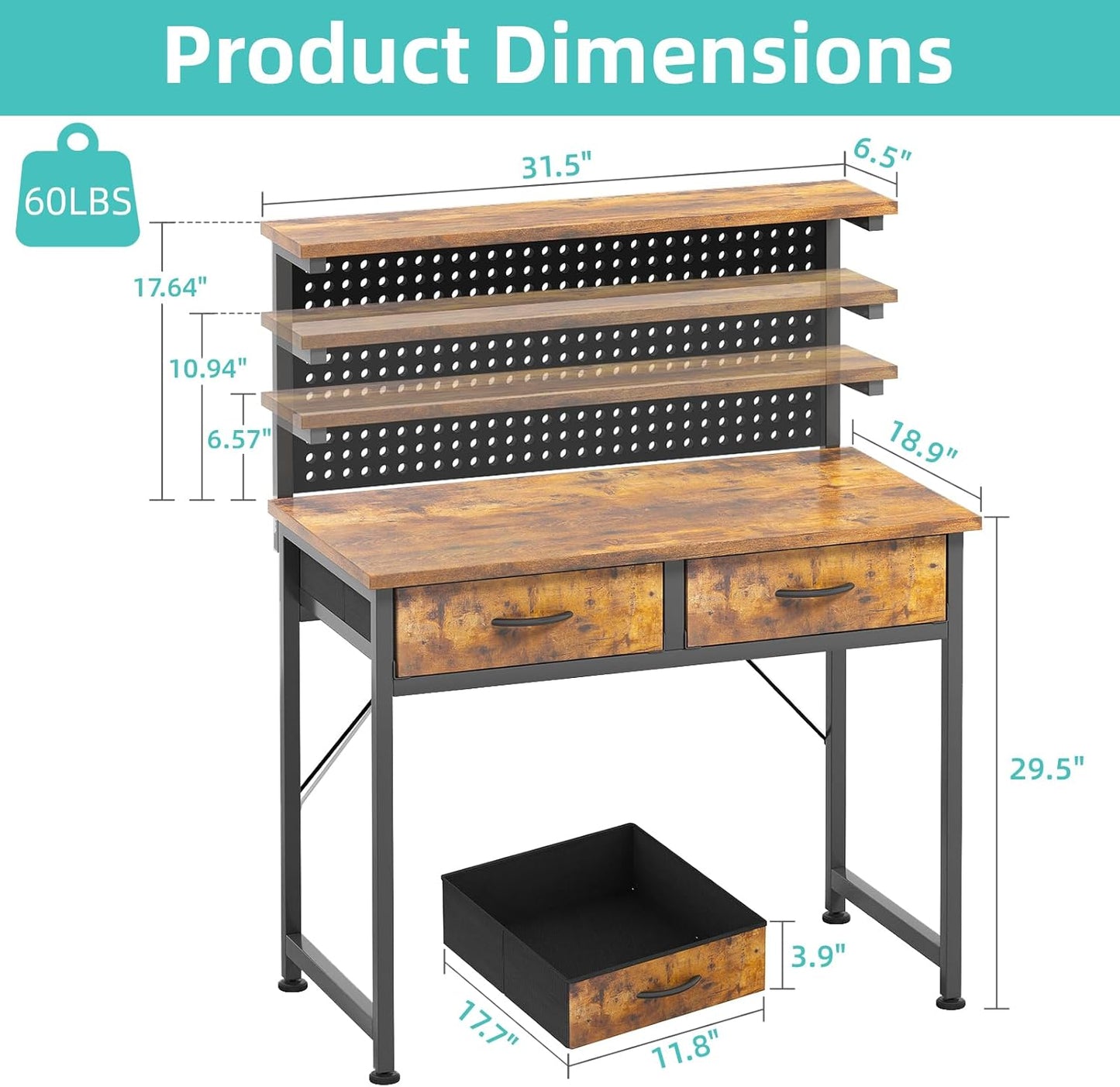 Computer Desk with Drawers, 40 Inch Computer Desk with Power Outlet & LED Light, Gaming Desk with Adjustable Monitor Stand & Pegboard, Modern PC Study Writing Table for Bedroom, Rustic Brown