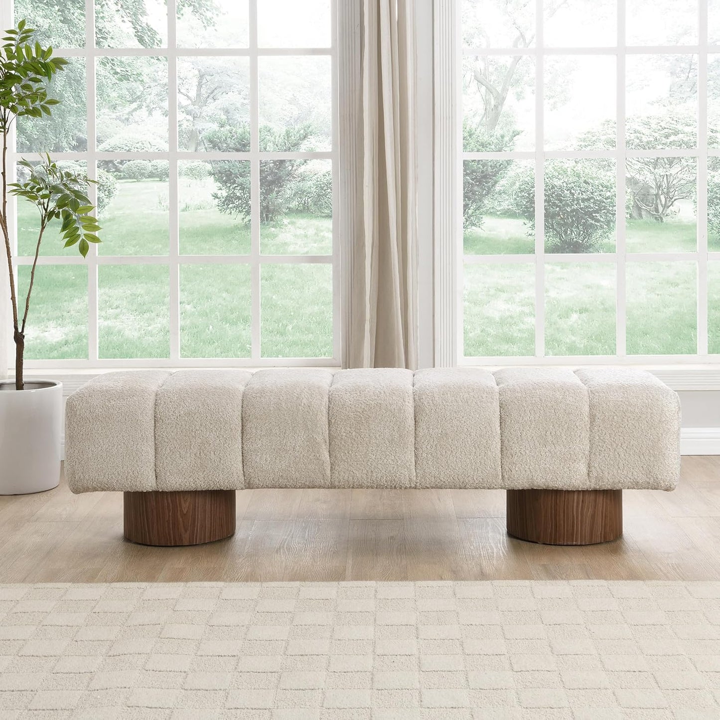 Manila 64" Boucle Dining Bench, Upholstered Ottoman Bench, Rectangular Dining Seat, Spacious Seating, Long Footstool for Living Room Dining Room, No Assembly Needed, Beige