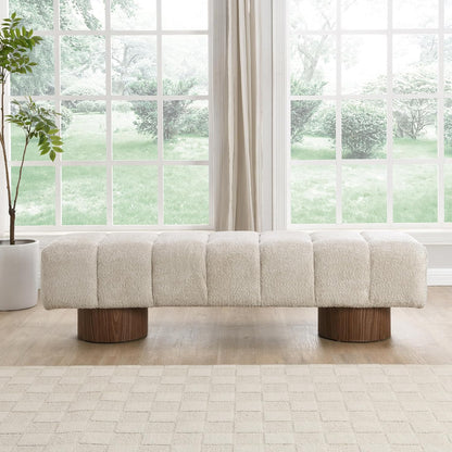 Manila 64" Boucle Dining Bench, Upholstered Ottoman Bench, Rectangular Dining Seat, Spacious Seating, Long Footstool for Living Room Dining Room, No Assembly Needed, Beige