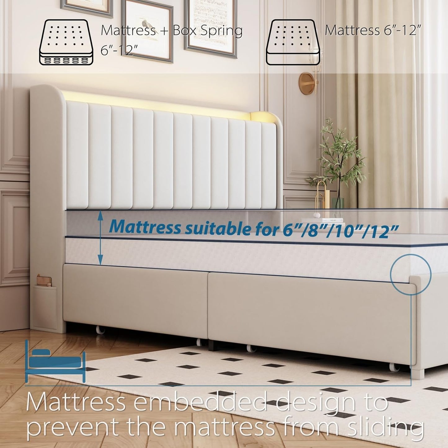Queen Bed Frame with 4 Drawers and Storage Headboard, Upholstered Platform Bed Frame Queen Size with Led Lights and Handy Charging Station, No Box Spring Needed, Easy Assembly, Noise Free, Beige