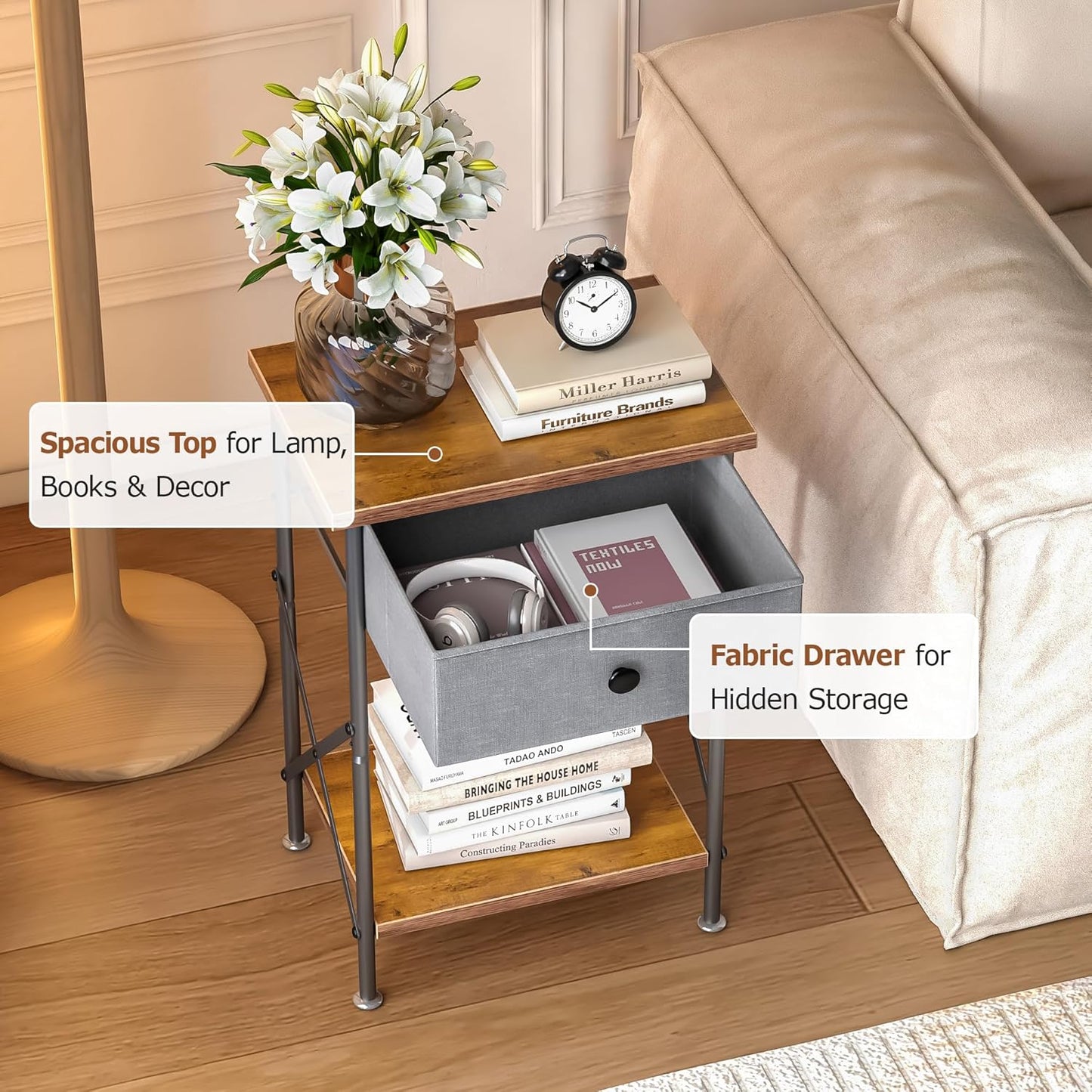 Nightstand with Drawer, Small Bedside Table with Storage and Adjustable Metal Legs, Wood End Table for Bedroom or Living Room, Perfect for Small Spaces and Modern Farmhouse Décor, Retro Brown