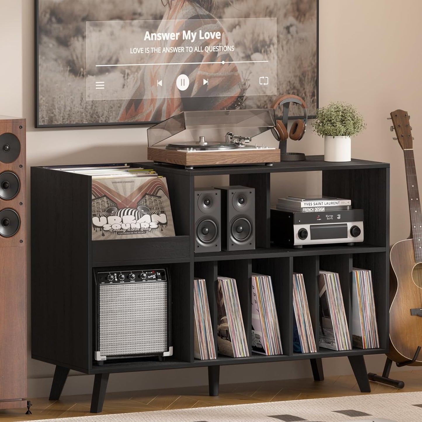 Large Record Player Stand, 48''Turntable Stand with Storage, Vinyl Record Holder with Display Area, Record Player Table Holds up to 450 Albums, Record Stand for Music Room Living Room