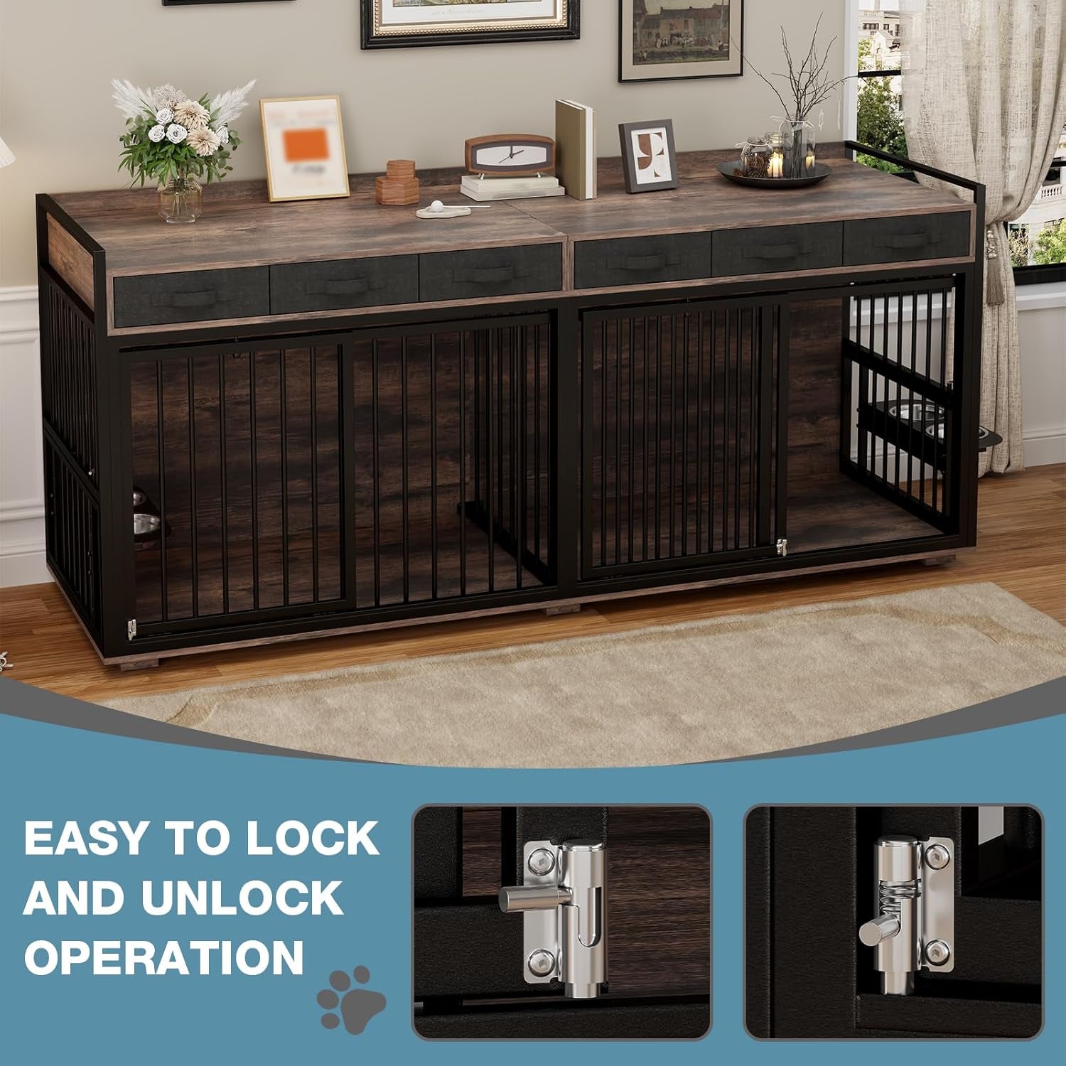 86.6" Large Double Dog Crate Furniture,Heavy Duty Metal Frame Dog Crate Kennel Sliding Doors,Chew-Resistant Dog Kennel for 2 Dogs with Bowls&Divider&Drawers Indoor