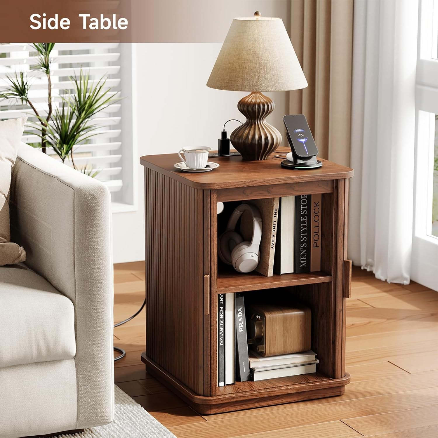 Square End Table with Storage & Charging Station, Fluted Accent Side Table with Sliding Door & Sturdy Pedestal, Mid-Century Modern Nightstand for Small Space, Living Room, Bedroom, Walnut