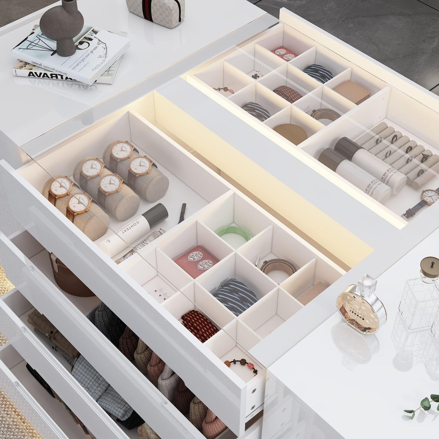 Armoire Bedroom Island Wardrobe Closet Island with 16 Drawers & Glass Tabletop, Island Dresser with Jewelry Organizer, Closet Island for Cloakroom White (63”W X 31.5”D X 31.5”H)