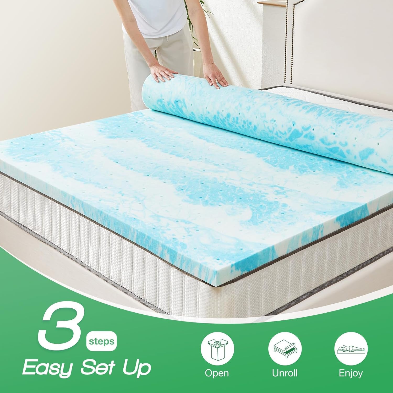 Mattress Topper Twin,3 Inch Thick Memory Foam Gel Infused Cooling Toppers Pad for Twin Size Bed, Sleeper Sofa, RV, Camper, Certipur US Certified, Ventilated and Breathable, Blue