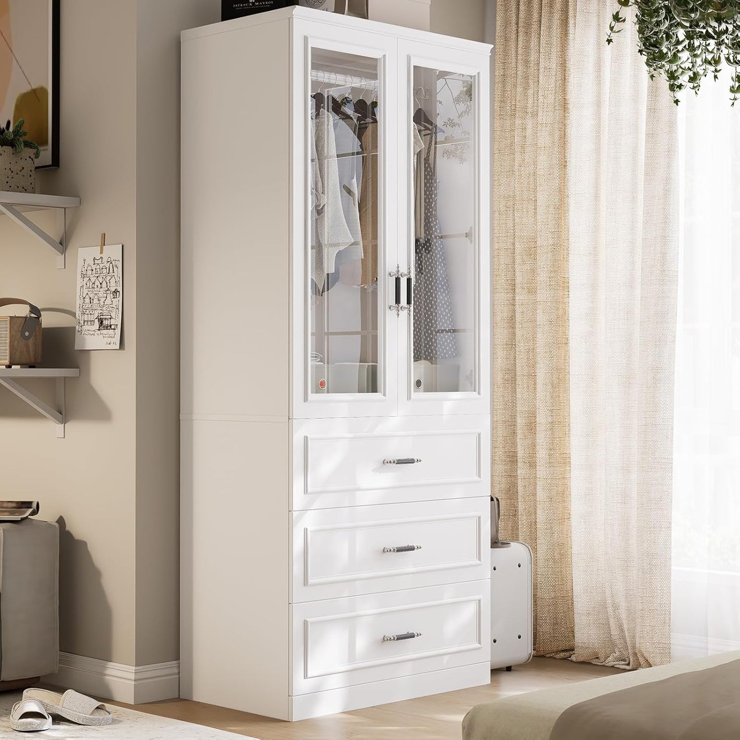 Armoire Wardrobe Closet with 2 Door & 3 Drawers, 74.8" Large Wardrobe Cabinet with Hanging Rod, Freestanding Modern Bedroom Armoire Storage Cabinet, White