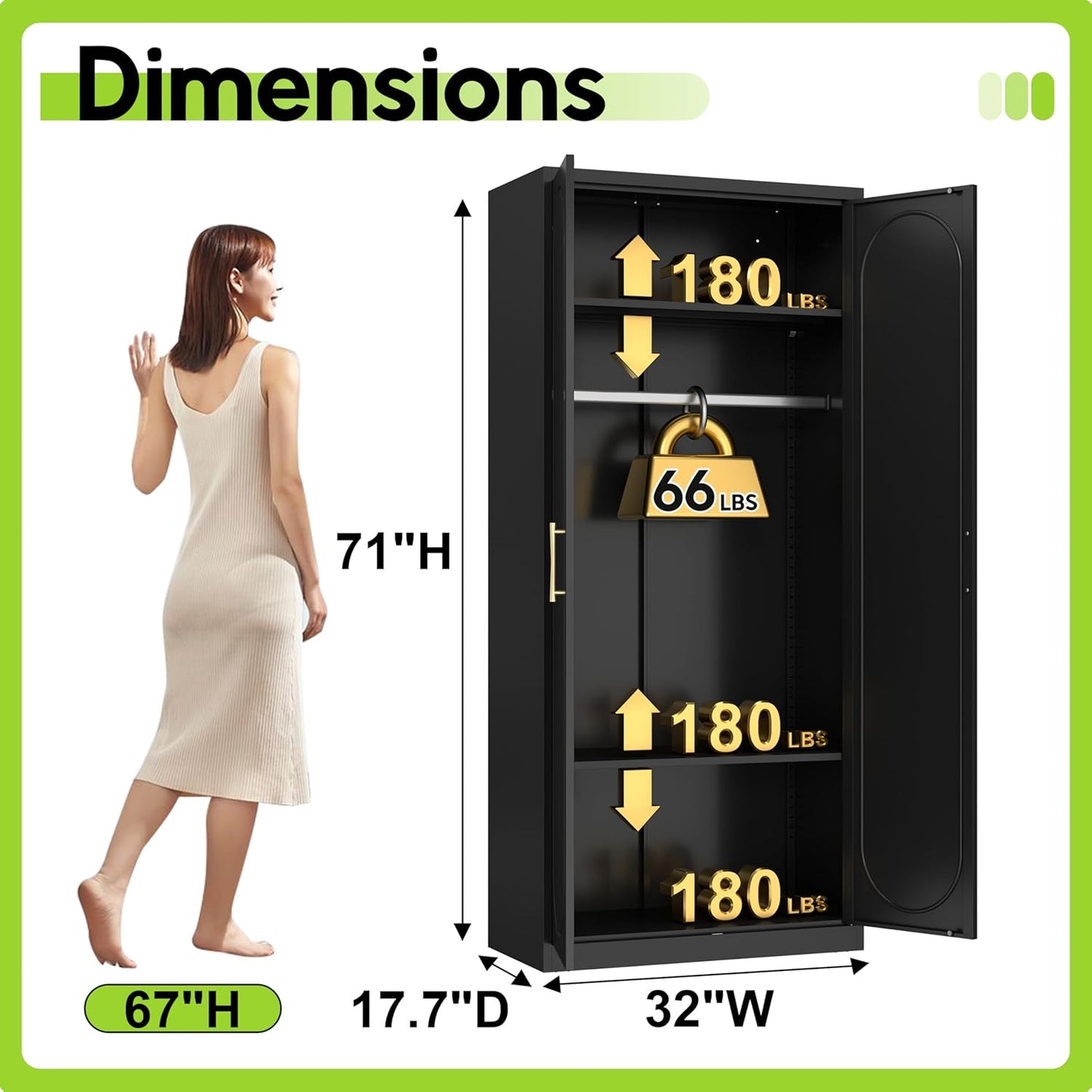 Armoire Wardrobe Closet with Doors, 71'' Wardrobe Cabinet with Hanging Rod, Metal Closet with 2 Adjustable Shelves for Bedroom School, Employee, Gym, Armarios De Ropa Para Dormitorio, Black