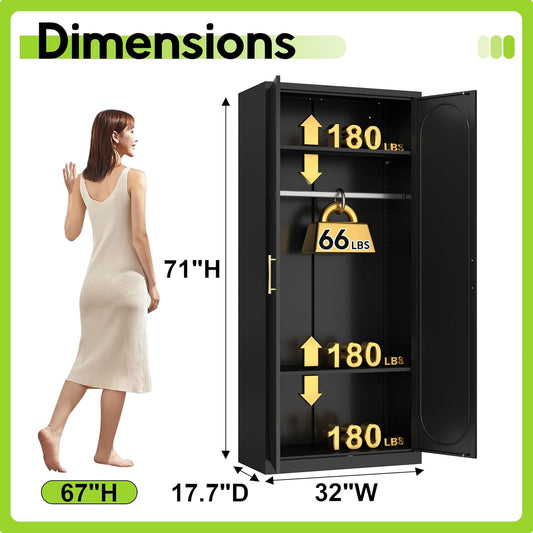Armoire Wardrobe Closet with Doors, 71'' Wardrobe Cabinet with Hanging Rod, Metal Closet with 2 Adjustable Shelves for Bedroom School, Employee, Gym, Armarios De Ropa Para Dormitorio, Black