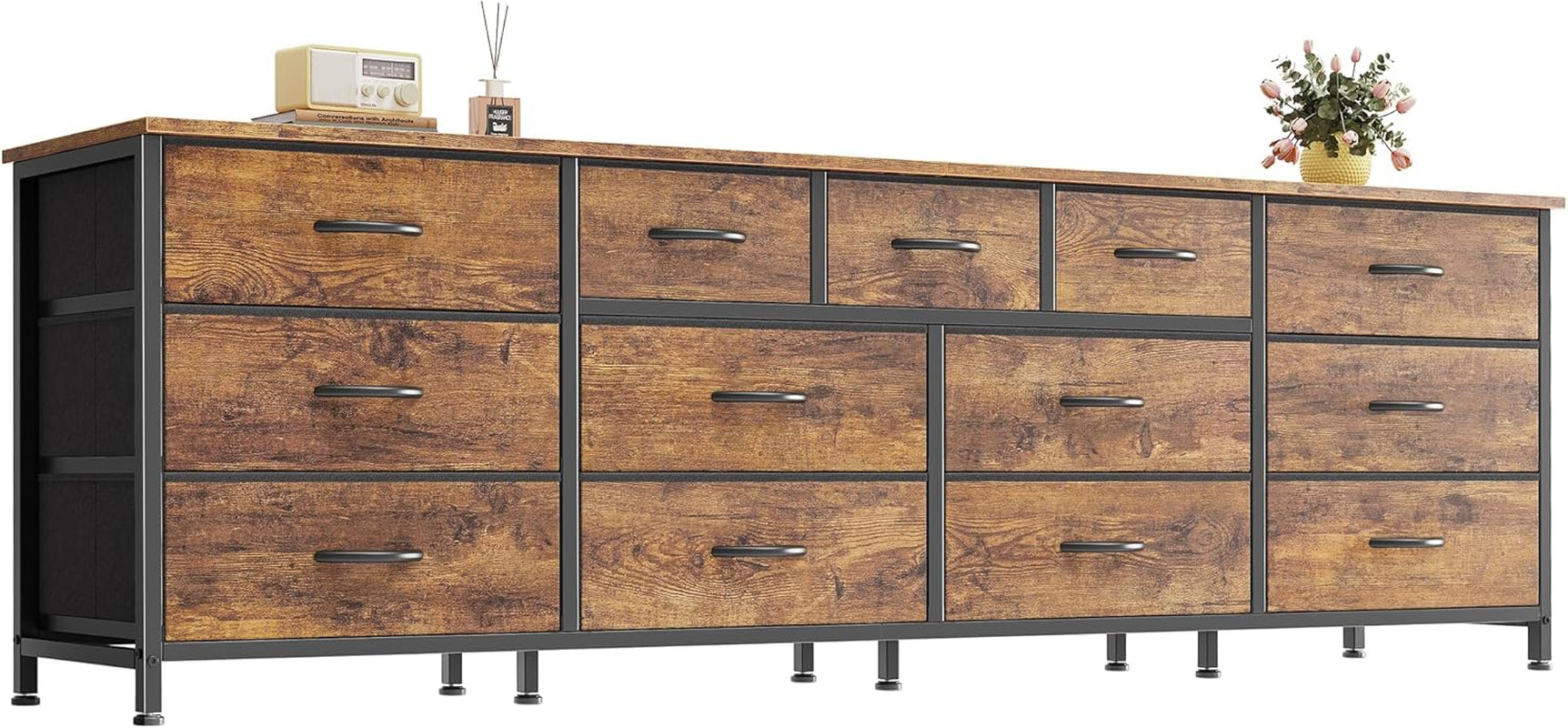 70 Inch Dresser for Bedroom, TV Stand for 65, 75, 80 Inch TV, 13 Fabric Drawer Long Dresser, Large Entertainment Center for Bedroom, Wide Chest of Drawer with Storage, Rustic Brown