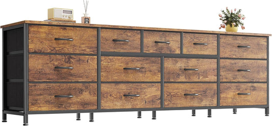 70 Inch Dresser for Bedroom, TV Stand for 65, 75, 80 Inch TV, 13 Fabric Drawer Long Dresser, Large Entertainment Center for Bedroom, Wide Chest of Drawer with Storage, Rustic Brown