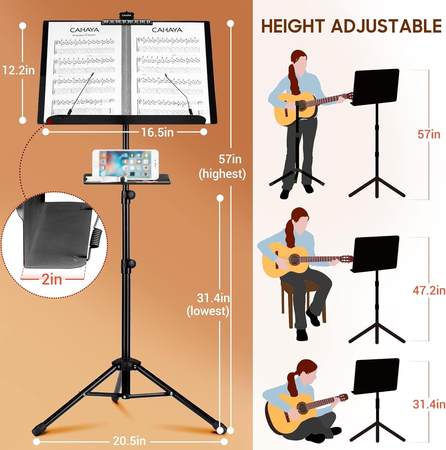 Dual Use Sheet Music Stand with Clamp-On Tray & Desktop Book Stand with Carrying Bag, Sheet Music Folder, Music Stand with Shelf, and Clip for Guitar, Ukulele, Violin Players CY0194+CY0320