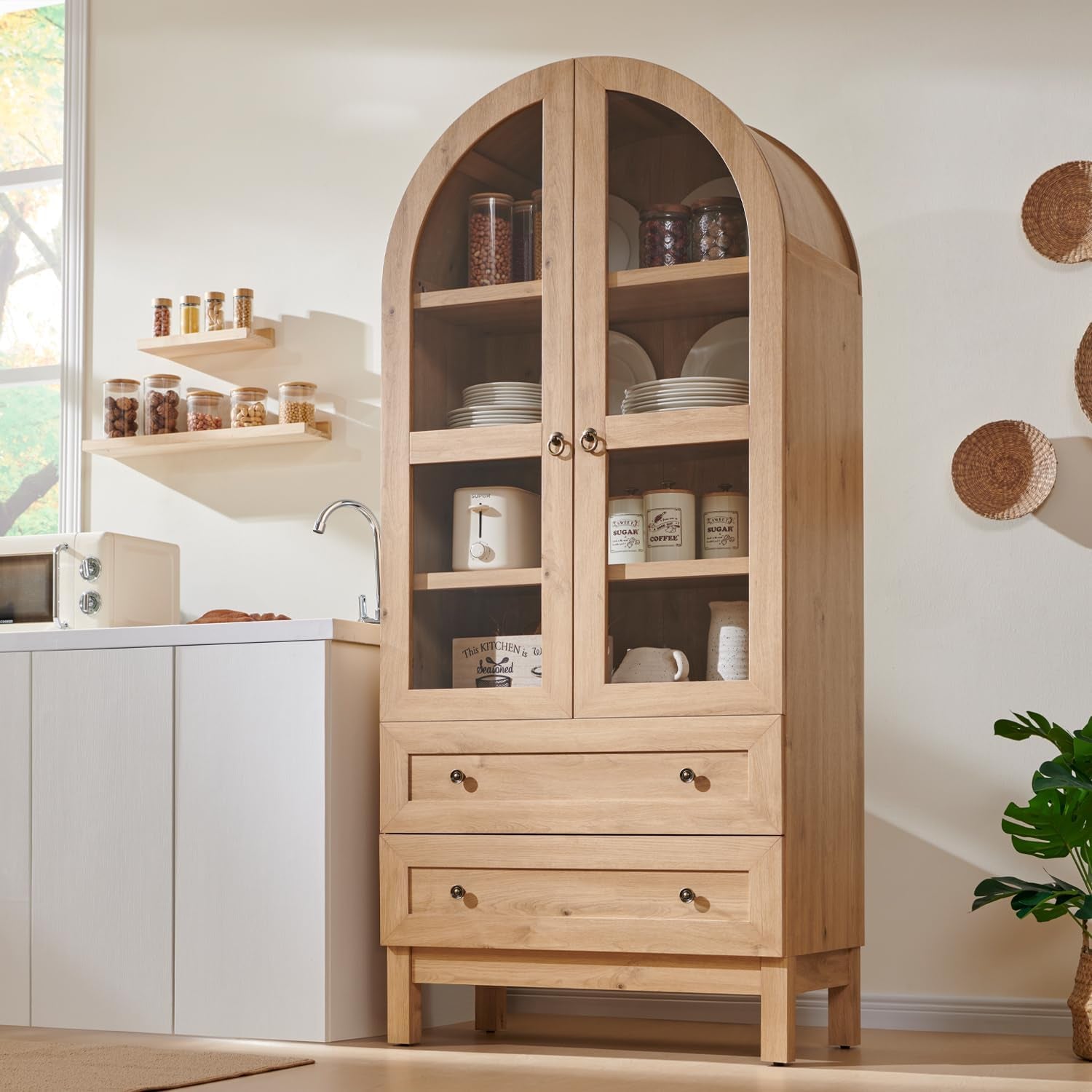 71" Tall Arched Kitchen Pantry, Modern Farmhouse Wood Kitchens Storage Cabinets with 2 Large Drawers and Adjustable Shelves, Versatile Cupboard for Kitchen, Dining Room, Bathroom, Natrual