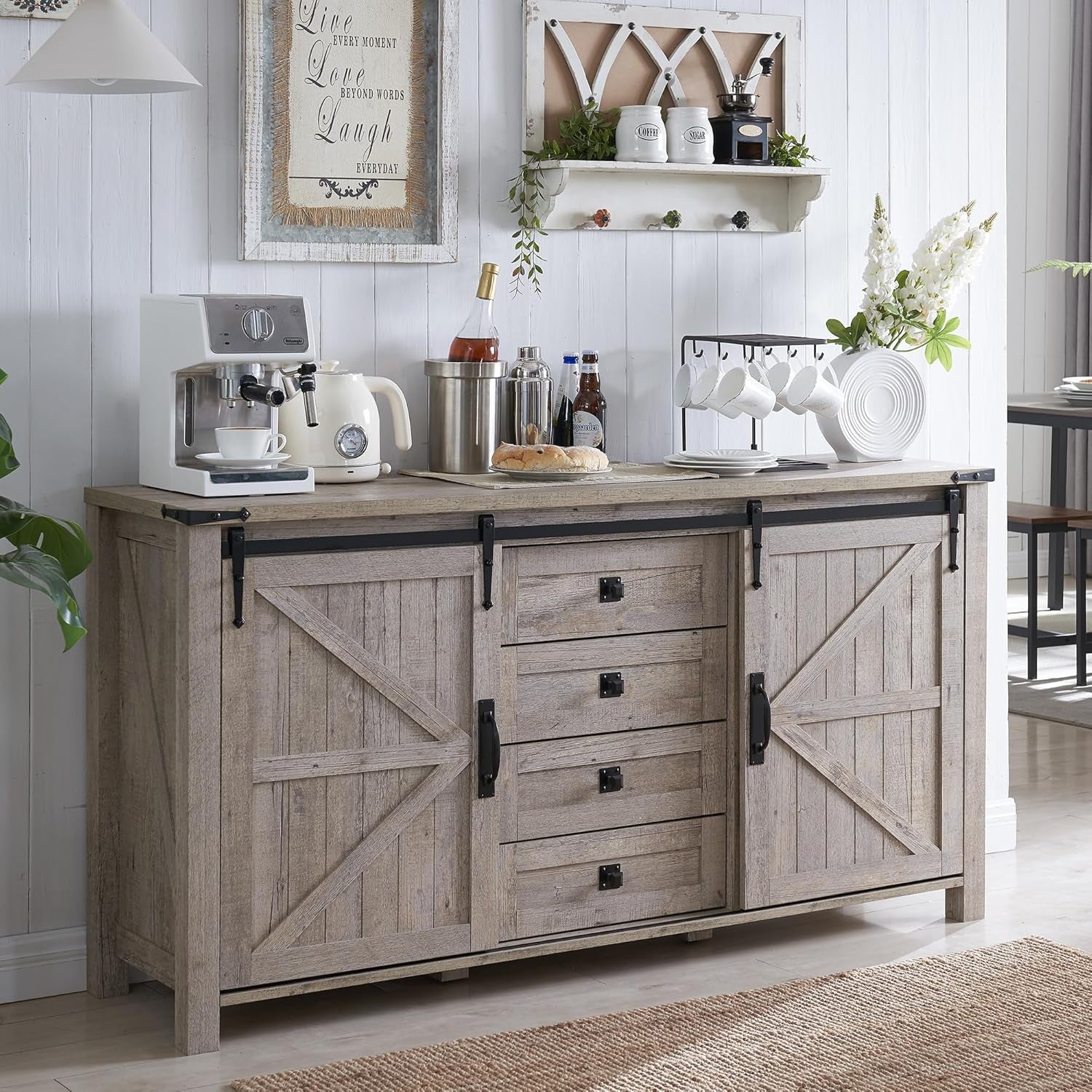 Farmhouse Sideboard Buffet Cabinet with Storage, 60" Large Kitchen Cabinet W/Sliding Barn Doors and 4 Drawers, 31.2'' Tall Rustic Wood Coffee Bar Table for Dining Room, Light Rustic Oak