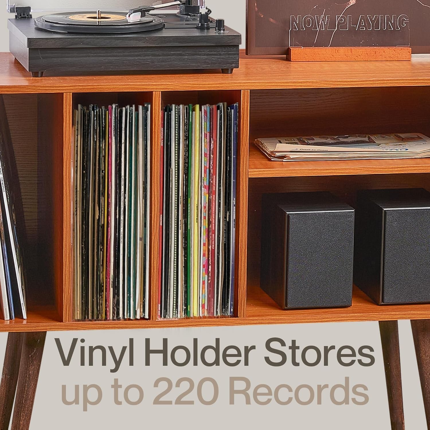 Record Player Stand with Vinyl Storage – Turntable Table with Shelves and Backboard – Walnut Wood Frame Vinyl Record Storage with Headphone Hook – Compact Audio Stand with Stabilizers