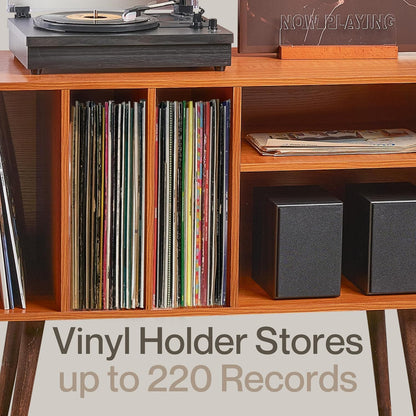 Record Player Stand with Vinyl Storage – Turntable Table with Shelves and Backboard – Walnut Wood Frame Vinyl Record Storage with Headphone Hook – Compact Audio Stand with Stabilizers